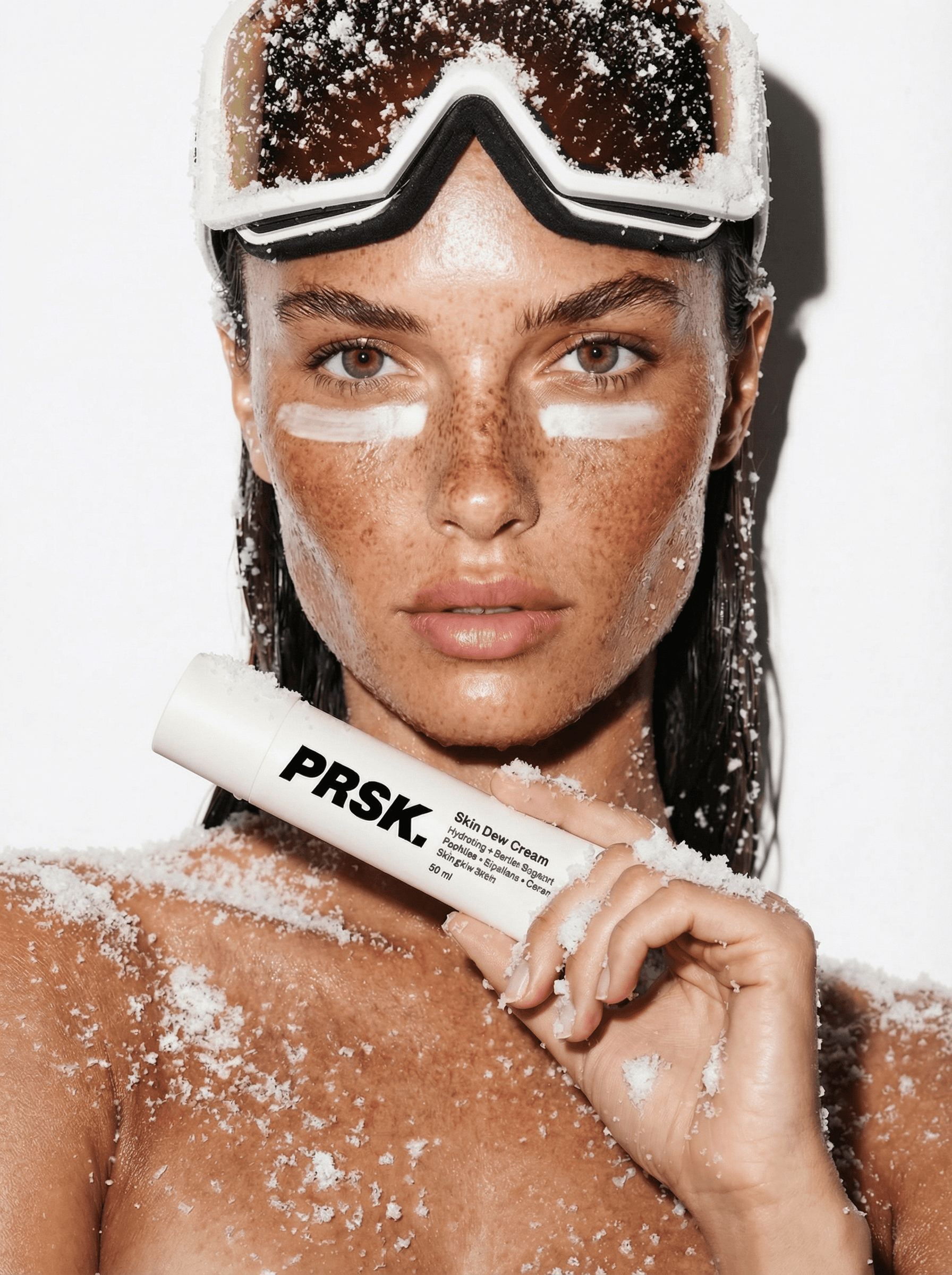 High-fashion winter editorial product shot, the product is held by a woman with freckled sun-kissed skin at chin level, snow goggles pushed up on forehead, model and product dusted with artificial frost and snow particles across shoulders and packaging, two white cream streaks applied under the eyes like athletic war paint, direct intense confident gaze straight into camera, bright white seamless high-key backdrop, beauty dish lighting creating nearly shadowless radiant quality on freckled skin, warm skin tones contrasting against cool white snow elements, bold and fierce skincare campaign photography