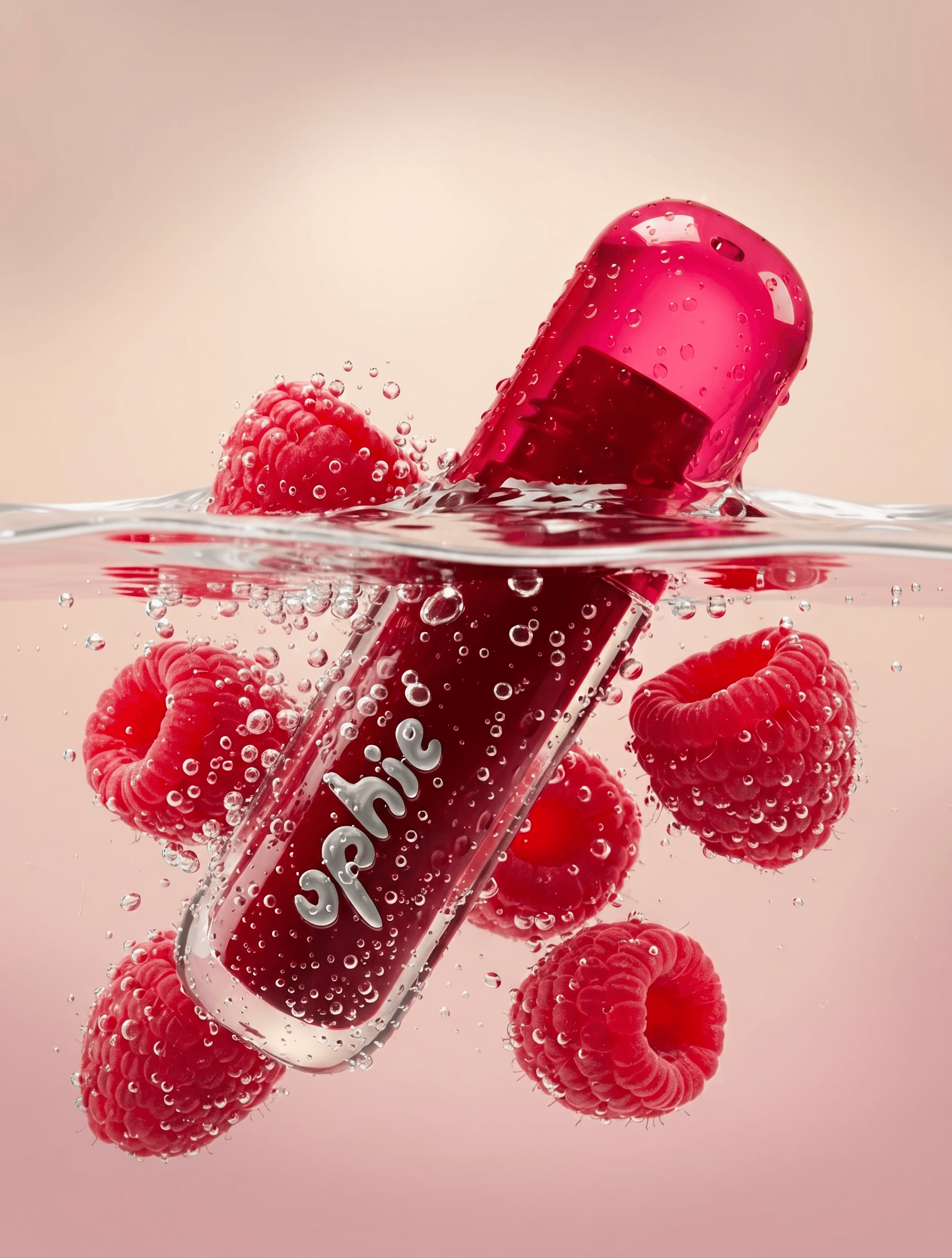 The product is submerged in clear water alongside plump fresh raspberries, small rising bubbles catching light, soft pink-to-peach gradient background visible beneath the water, polished commercial lighting creating beautiful highlights on water droplets and the product surface, deep raspberry red, warm pink, and blush tones throughout, juicy and sensorial beauty product photography, indulgent fruit-inspired aesthetic, lush texture and moisture, 4K