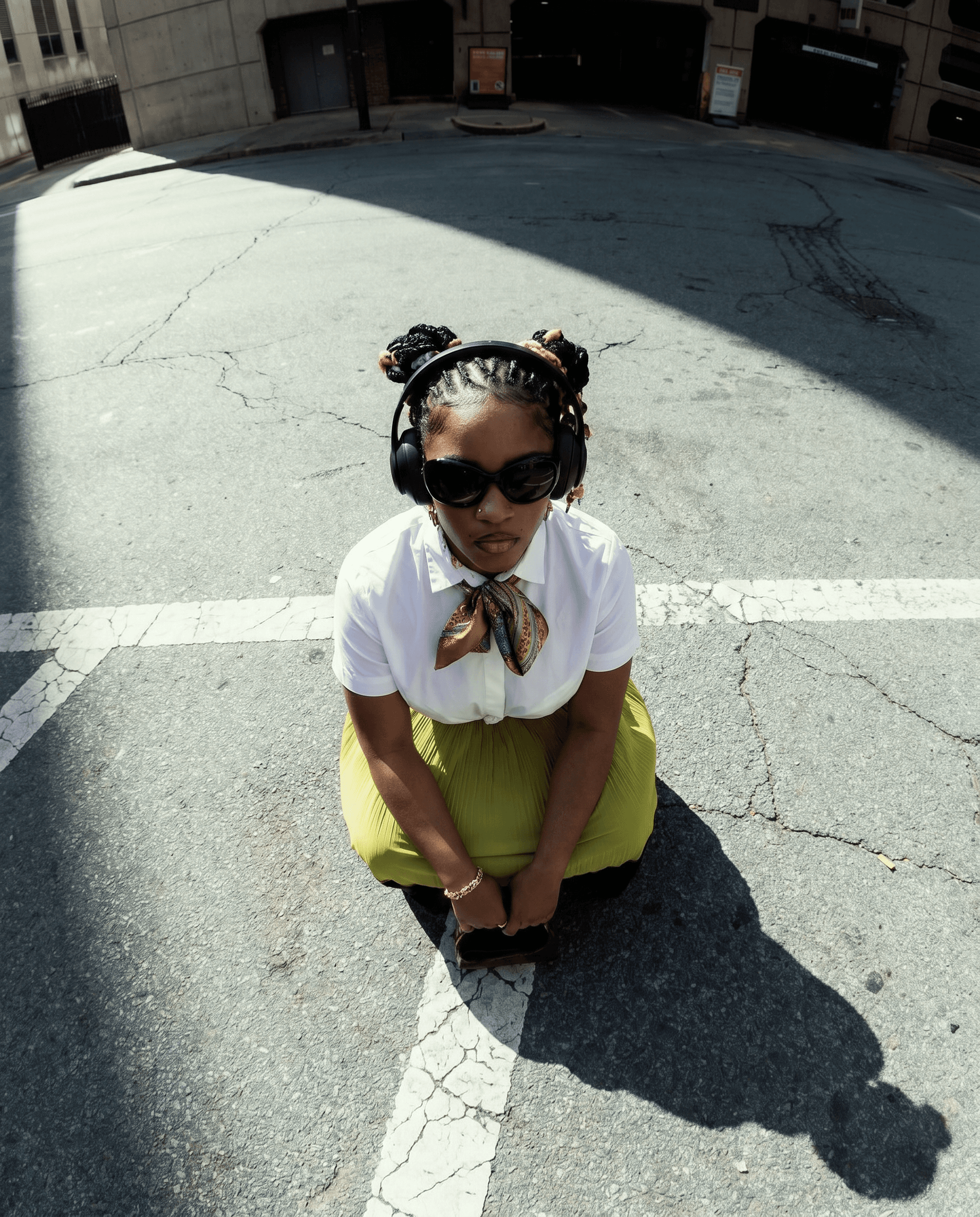 A female model with cornrow braids crouches on urban downtown asphalt, wearing a white knotted button-up shirt and chartreuse green pleated skirt, oversized black sunglasses and over-ear headphones, silk neck scarf and gold chain bracelet, shot from elevated bird's-eye angle looking down at strong mid-day shadow patterns on the road, hard natural sunlight with high contrast, color palette of white, chartreuse green, black, and grey asphalt, retro-futuristic 90s R&B street fashion editorial, 4K