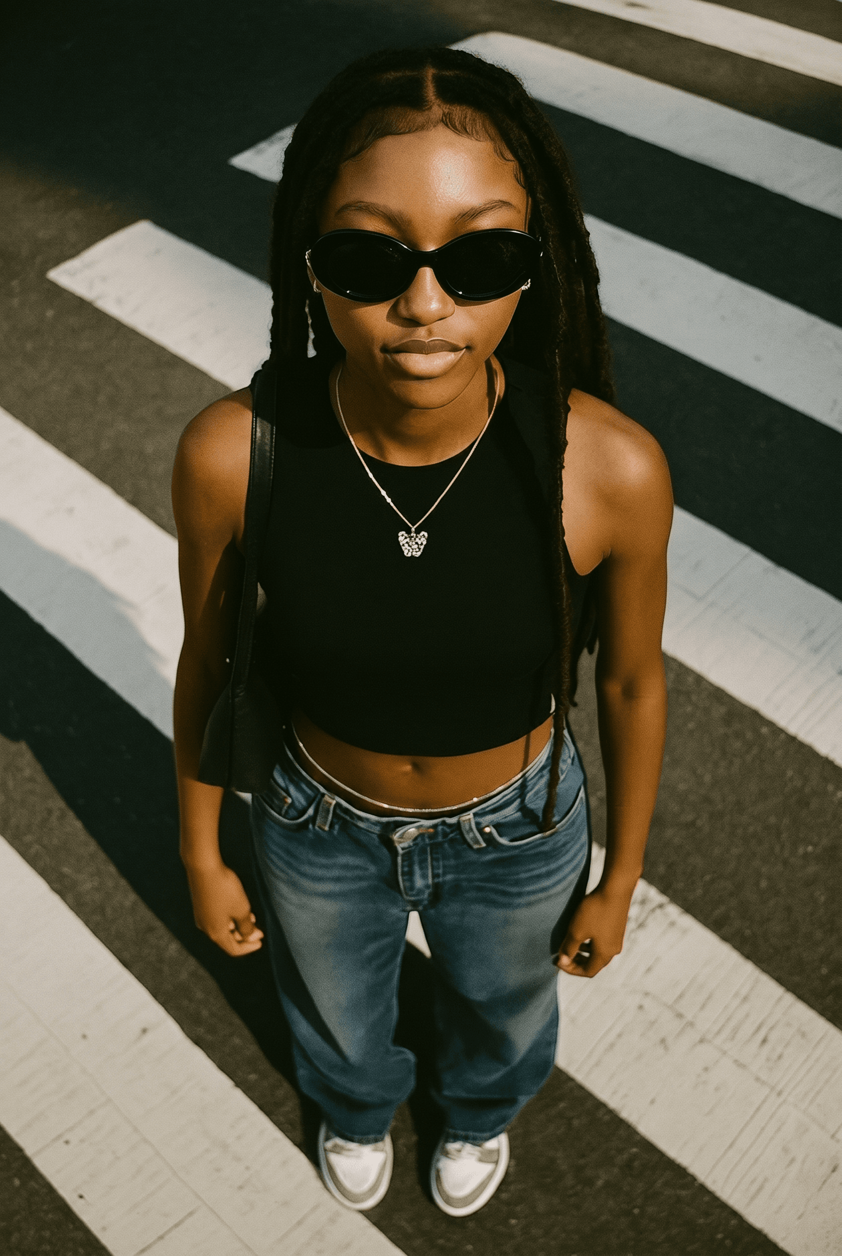 A female model with long locs stands on a zebra crossing photographed from directly above bird's-eye view, wearing a black cropped tank and relaxed medium-wash baggy jeans with white low-top sneakers and cat-eye sunglasses, alternating black and white crosswalk stripes framing the figure, soft overcast natural daylight with a muted film-like quality, palette of black, denim blue, white, and grey asphalt, minimalist cool-girl streetwear 90s-inspired editorial, 4K