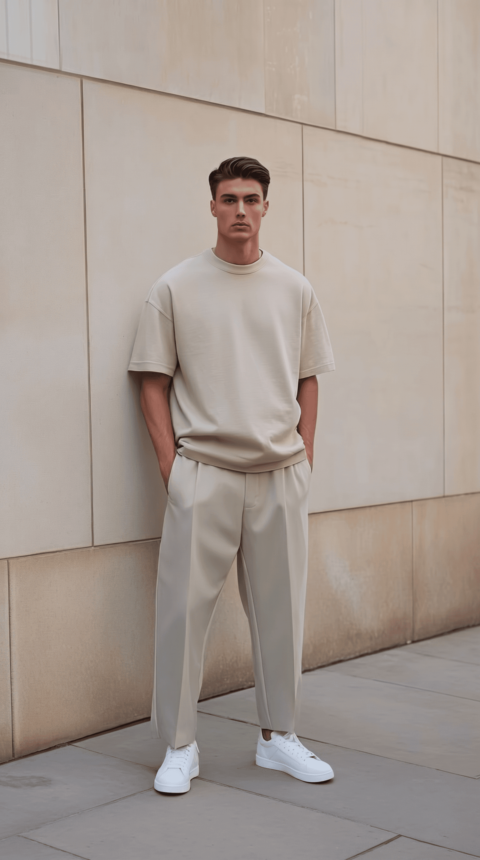 A male model with dark hair stands against a large sandstone limestone paneled wall with concrete pavement underfoot, wearing an oversized sand-beige crew-neck t-shirt tucked loosely into light sage green pleated tapered trousers and clean white leather sneakers, soft diffused overcast natural daylight with even flat illumination, ultra-tonal monochromatic palette of sand, cream, pale sage, and white, quiet luxury Scandinavian minimalism COS or Lemaire casual editorial, 4K