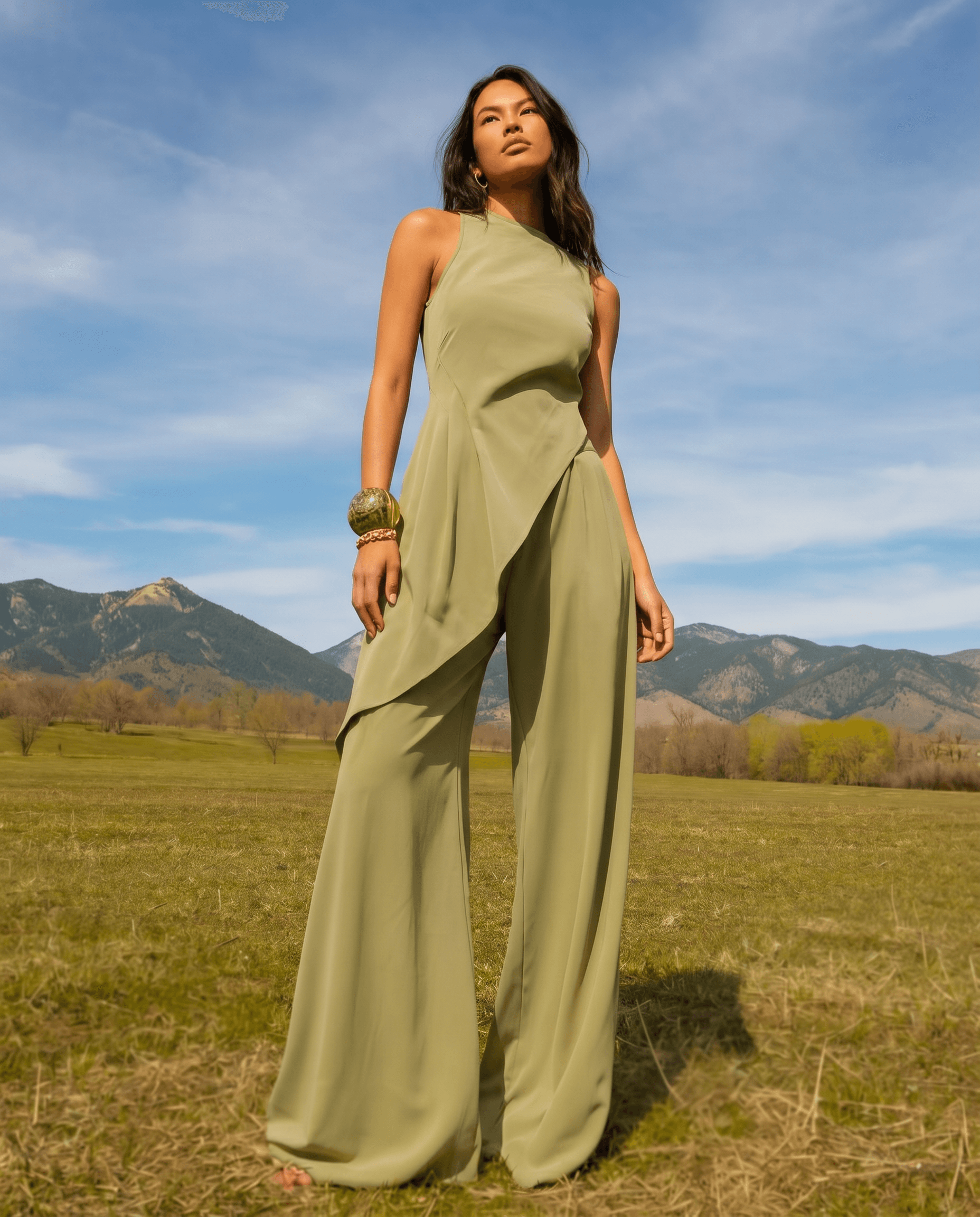 A female model shot from a low upward angle stands in an expansive open grassy field under a blue sky with distant mountains on the horizon, wearing a muted sage olive halter-neck asymmetric tunic top over matching wide-leg flowing palazzo pants as a coordinated two-piece set in draped fabric, gold chunky bangle bracelet, bright natural high sunlight with cloud diffusion creating warm skin tones and shadows in the fabric folds, sage green, golden-green, earth tones, and blue sky palette, bohemian goddess sustainable luxury fashion editorial, 4K