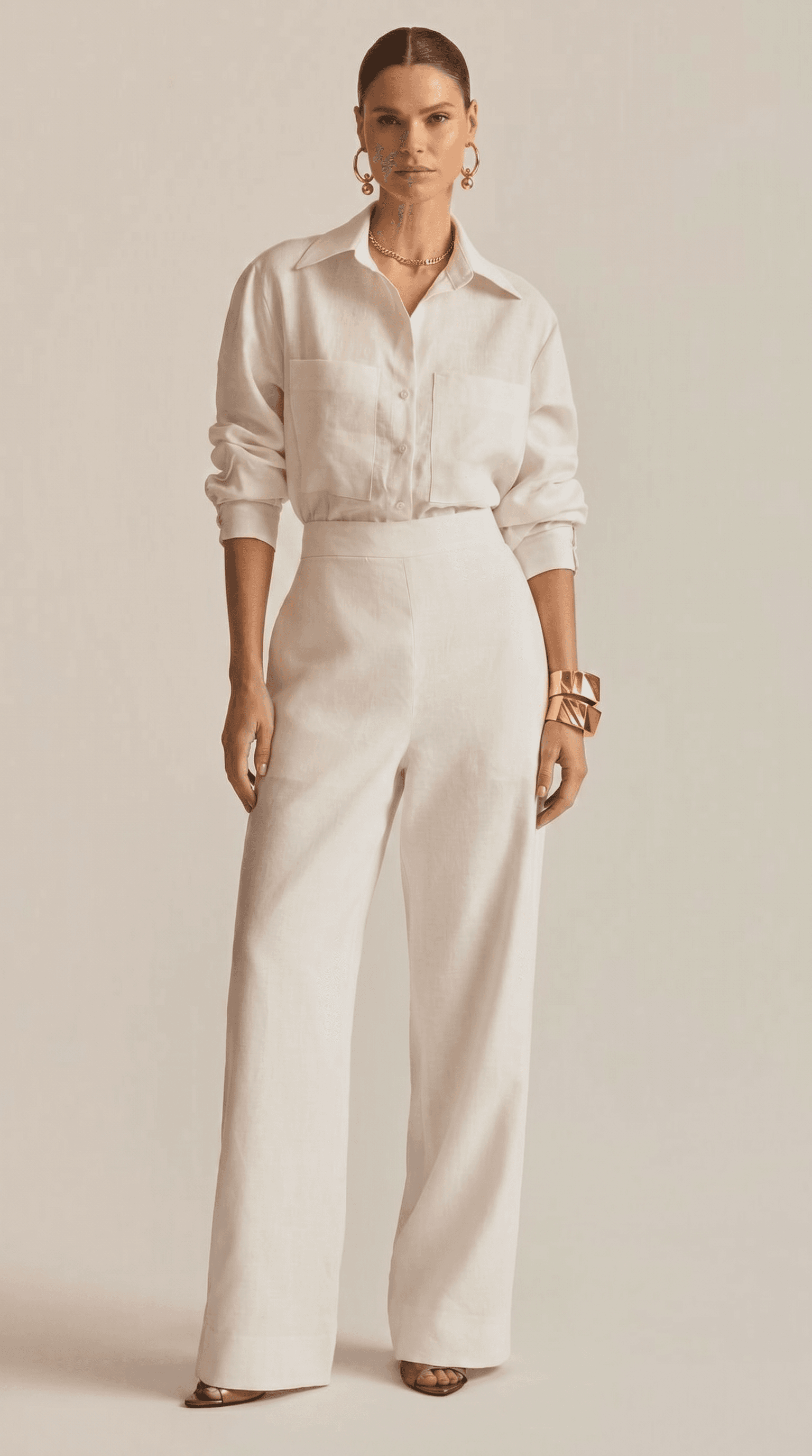 A female model with hair slicked back in a low bun stands against a warm off-white taupe seamless studio backdrop, wearing an oversized linen button-down shirt tucked into high-waisted wide-leg white linen trousers, chunky gold chain necklace, bold gold cuff bracelet, and gold hoop earrings, bright professional studio lighting with gentle shadows accentuating fabric texture and jewelry gleam, palette of ivory, cream, white, and rich gold, Mediterranean resort glamour old-money sophistication fashion editorial, 4K