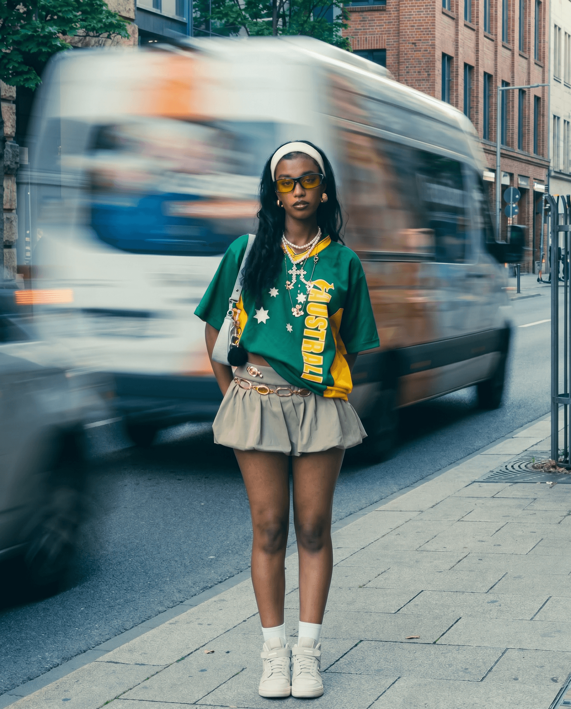A young Black female model with long dark hair and a white headband stands on a city sidewalk with a motion-blurred vehicle passing dynamically behind her, wearing an oversized forest green and gold sports jersey over a gray pleated bubble mini skirt, layered gold necklaces with a cross pendant, chain belt, yellow-tinted sunglasses, and white high-top sneakers, natural urban daylight with slightly cool ambient light, palette of forest green, golden yellow, gray, white, and gold, Y2K sportswear maximalism street-style editorial, 4K