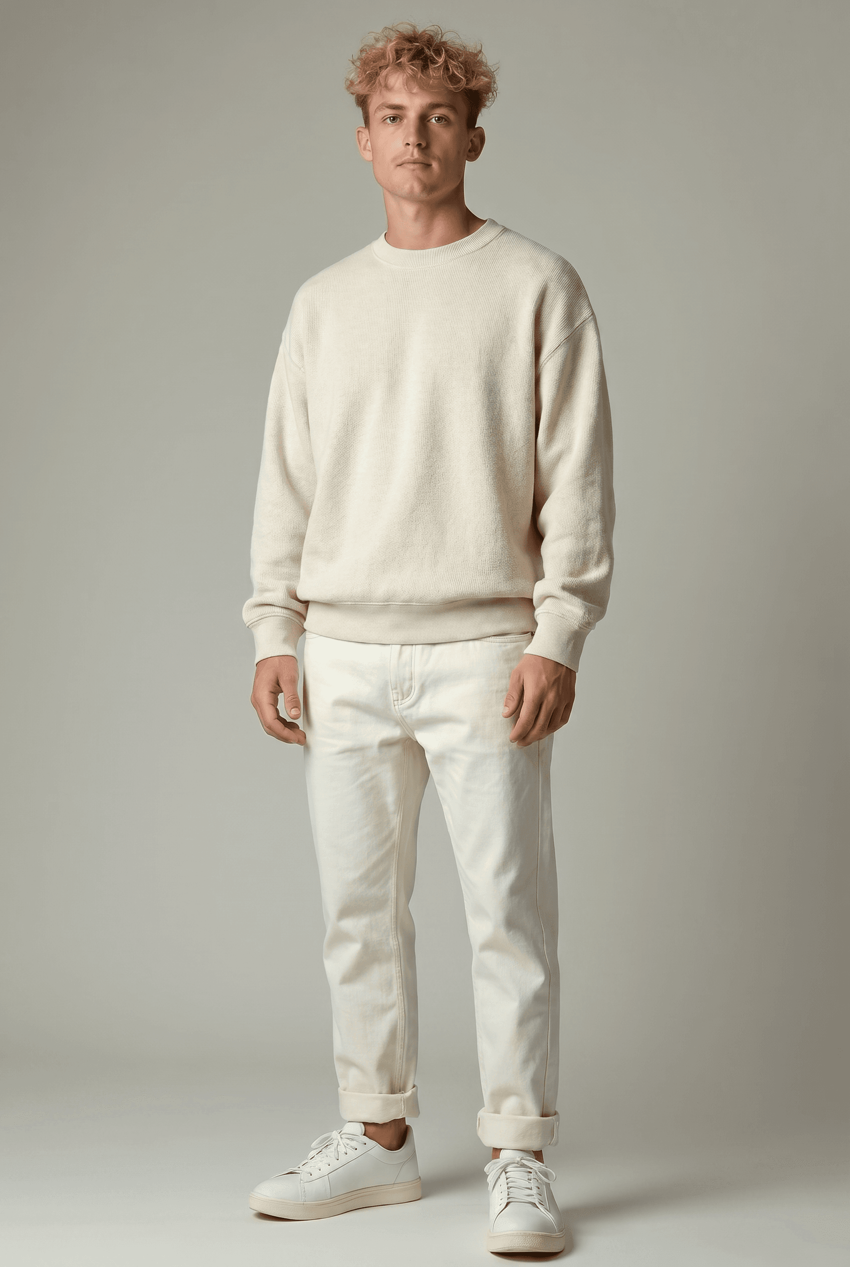 A young male model with tousled curly blonde hair stands against a neutral light grey seamless studio backdrop, wearing an oversized cream oatmeal crewneck sweatshirt paired with off-white ecru straight-leg jeans with cuffed hems and white minimalist low-top sneakers, soft even studio lighting with no harsh shadows gently flattering the textural differences between sweatshirt knit and pant fabric, palette of cream, oatmeal, ecru, off-white, and light gray, cozy Scandinavian hygge-meets-fashion minimalism Uniqlo or COS editorial, 4K