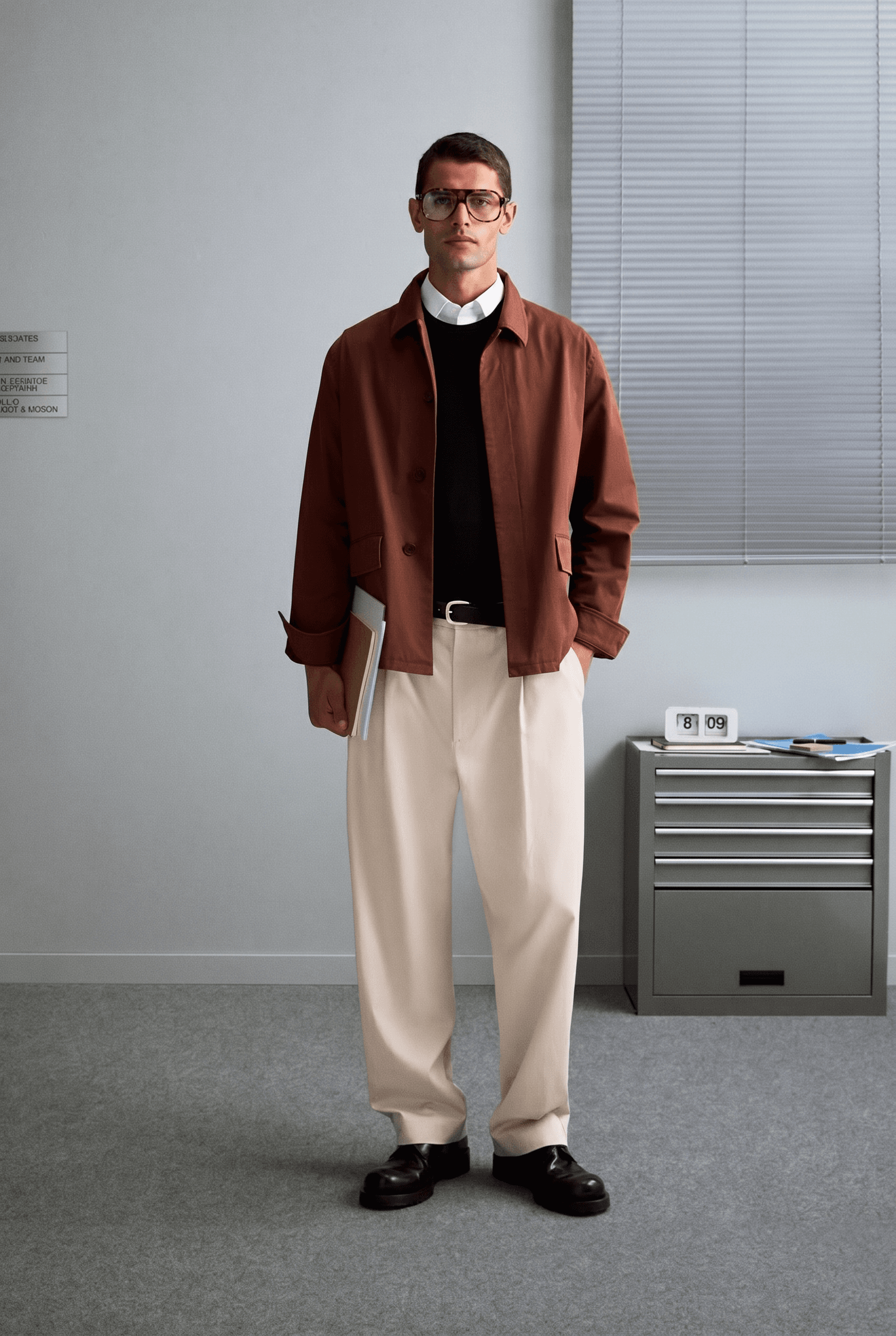 A lean male model wearing large tortoiseshell frame glasses stands in a deliberately staged retro mid-century office with gray walls, venetian blinds on the window, and a metal filing cabinet with a flip clock showing 8:09, wearing a rust terracotta chore jacket over a black crewneck with a white collar peeking out, wide-leg cream pleated trousers with a black leather belt and dark brown penny loafers, holding manila papers under his arm, cool flat fluorescent-style studio lighting mimicking office ambiance, rust, black, cream, gray, and brown palette, Wes Anderson vintage intellectual fashion editorial, 4K