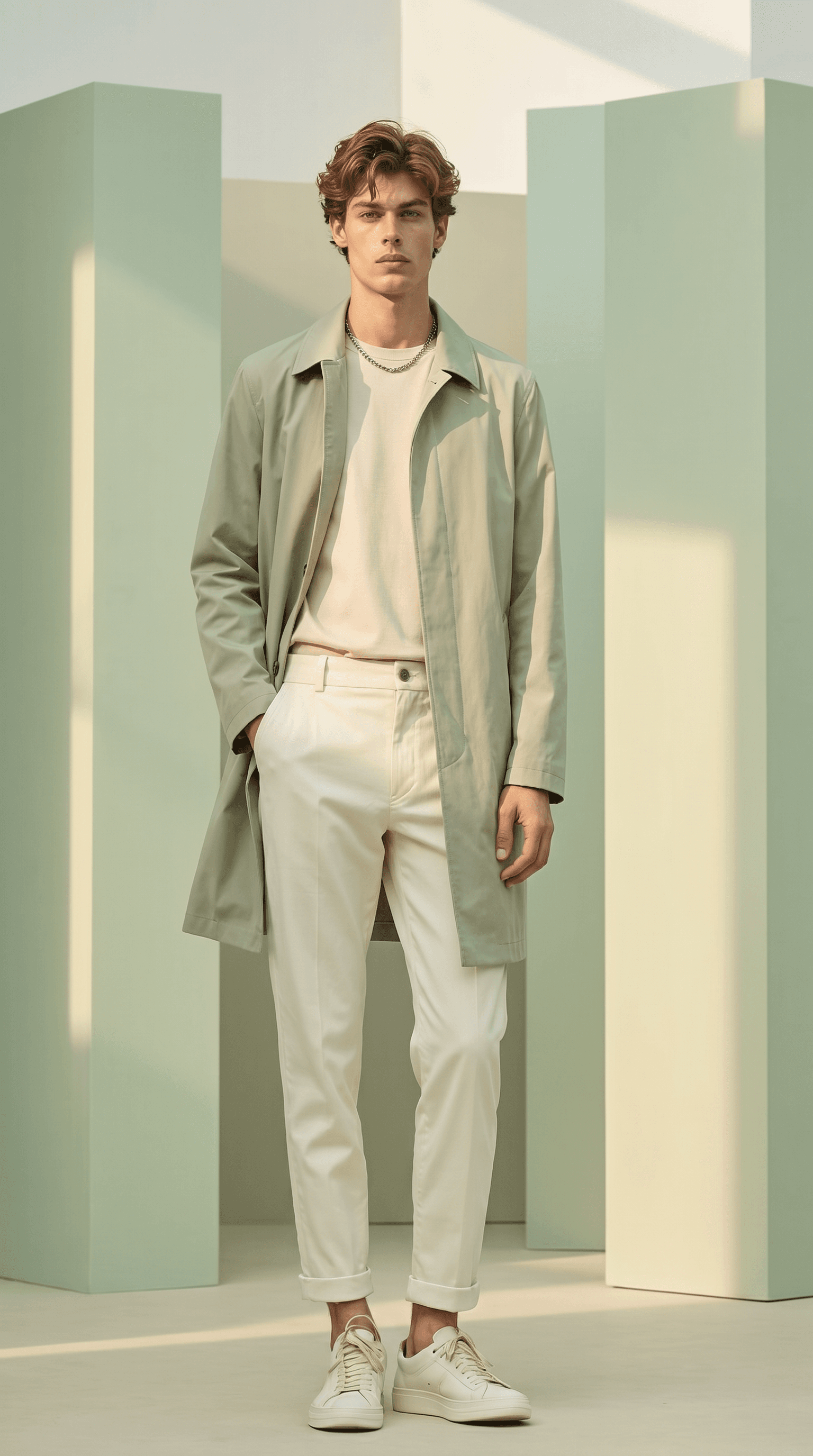 A young male model with tousled wavy brown hair and a delicate chain necklace stands in a stylized set with large geometric celadon and pastel mint architectural panels creating an abstract environment, wearing a light sage green lightweight open mac overcoat over a cream beige crewneck t-shirt with off-white cropped chinos cuffed at the hem and cream low-top sneakers, soft dreamy studio lighting with slight directional warmth creating gentle shadows, celadon green, sage, cream, off-white, and mint palette, spring editorial romantic minimalism Jacquemus or AMI Paris menswear, 4K