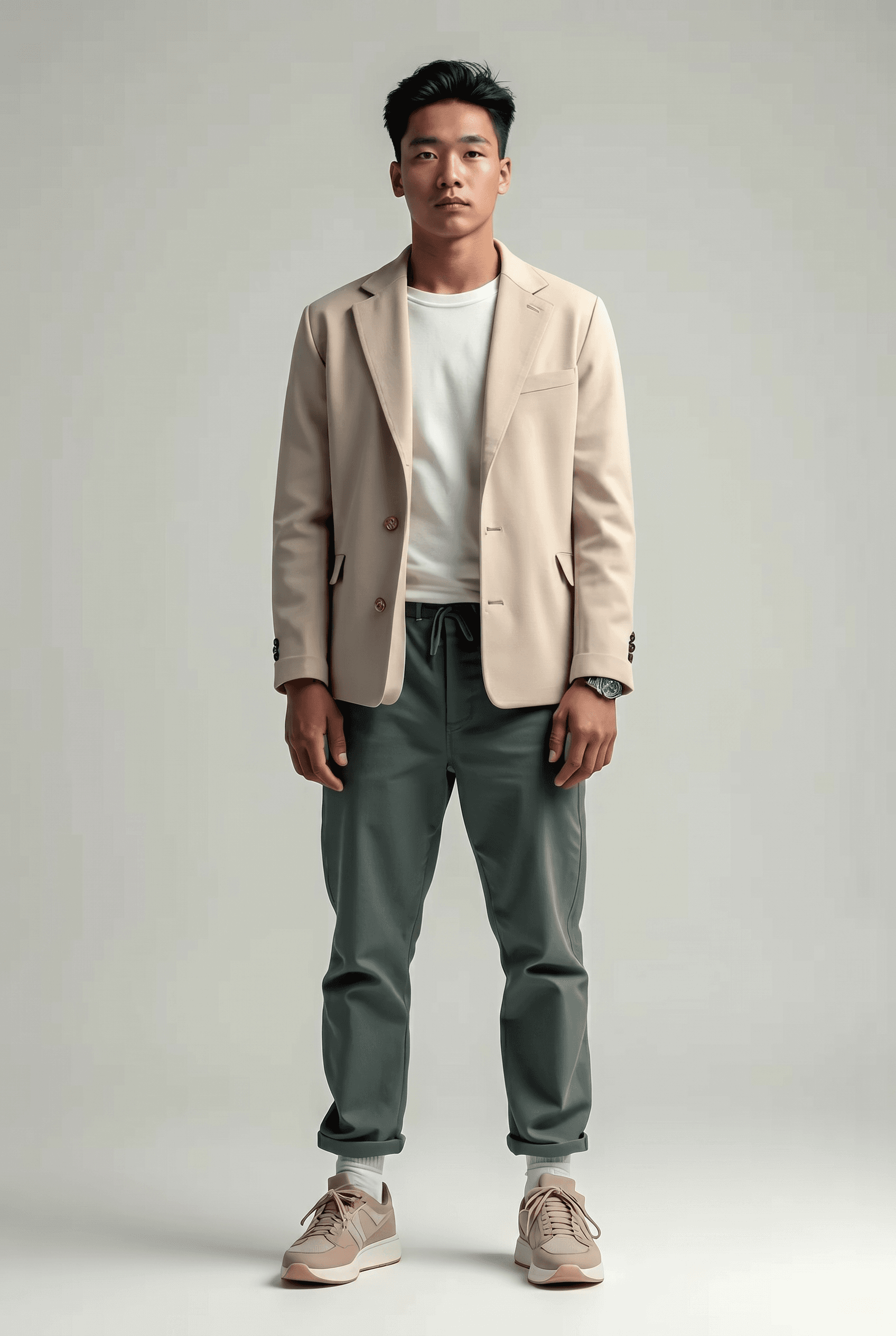 An East Asian male model with short dark hair stands against a clean bright neutral light grey seamless studio backdrop, wearing an unstructured beige tan single-breasted blazer open over a white crewneck t-shirt, olive sage green chinos with a relaxed fit, white crew socks, and beige tan retro-runner low-profile sneakers, a wristwatch visible, bright even commercial studio lighting with minimal shadows, sand beige, white, olive green, and tan palette, modern smart-casual blazer-with-sneakers Massimo Dutti or Zara editorial, 4K