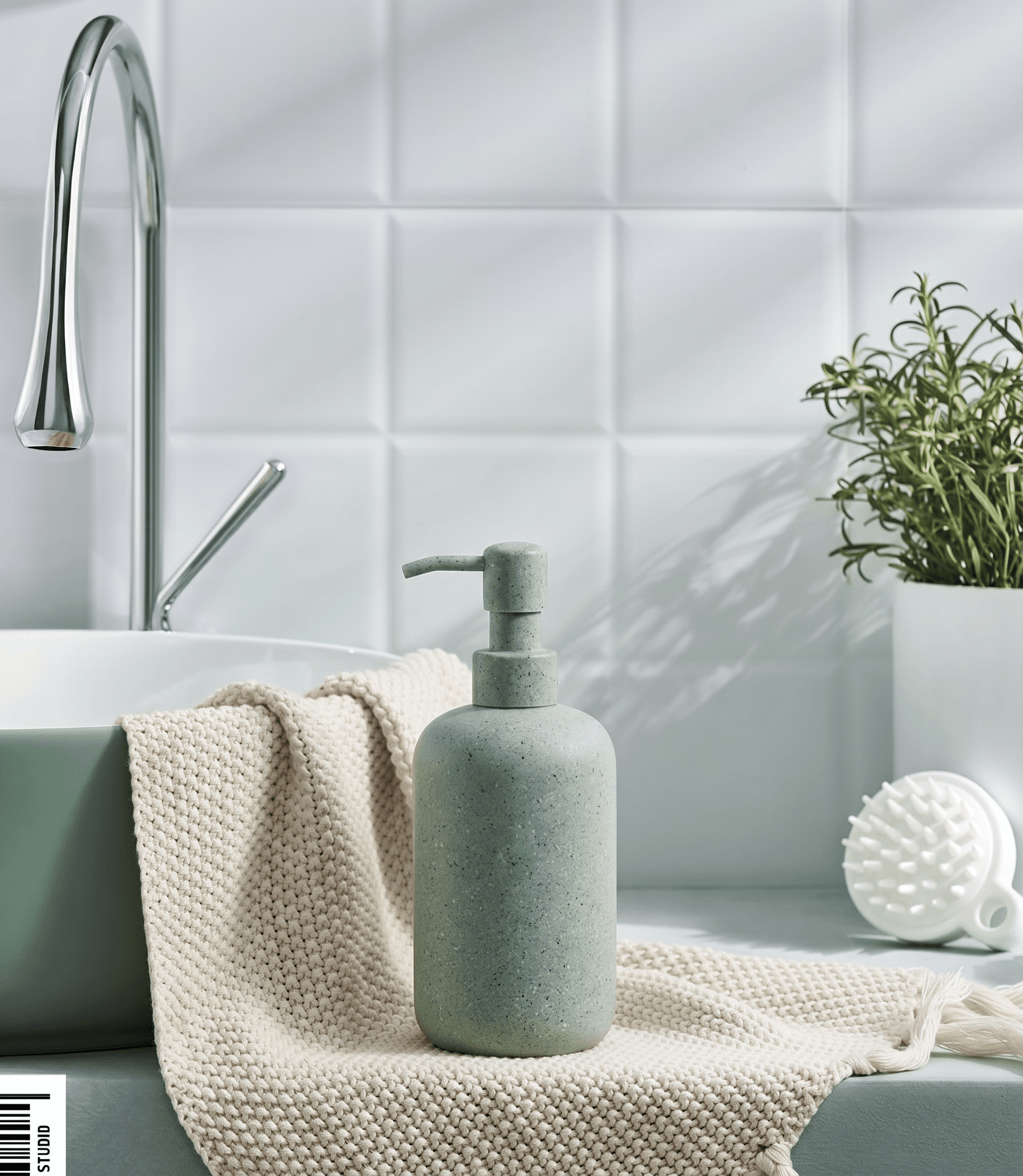 Spa-luxe bathroom flat-lay, matte sage-green pump dispenser with speckled stone finish on a cream knitted towel, chrome faucet, white subway tile backsplash, rosemary plant in white pot, fresh and elevated eco-conscious personal care aesthetic, soft natural light