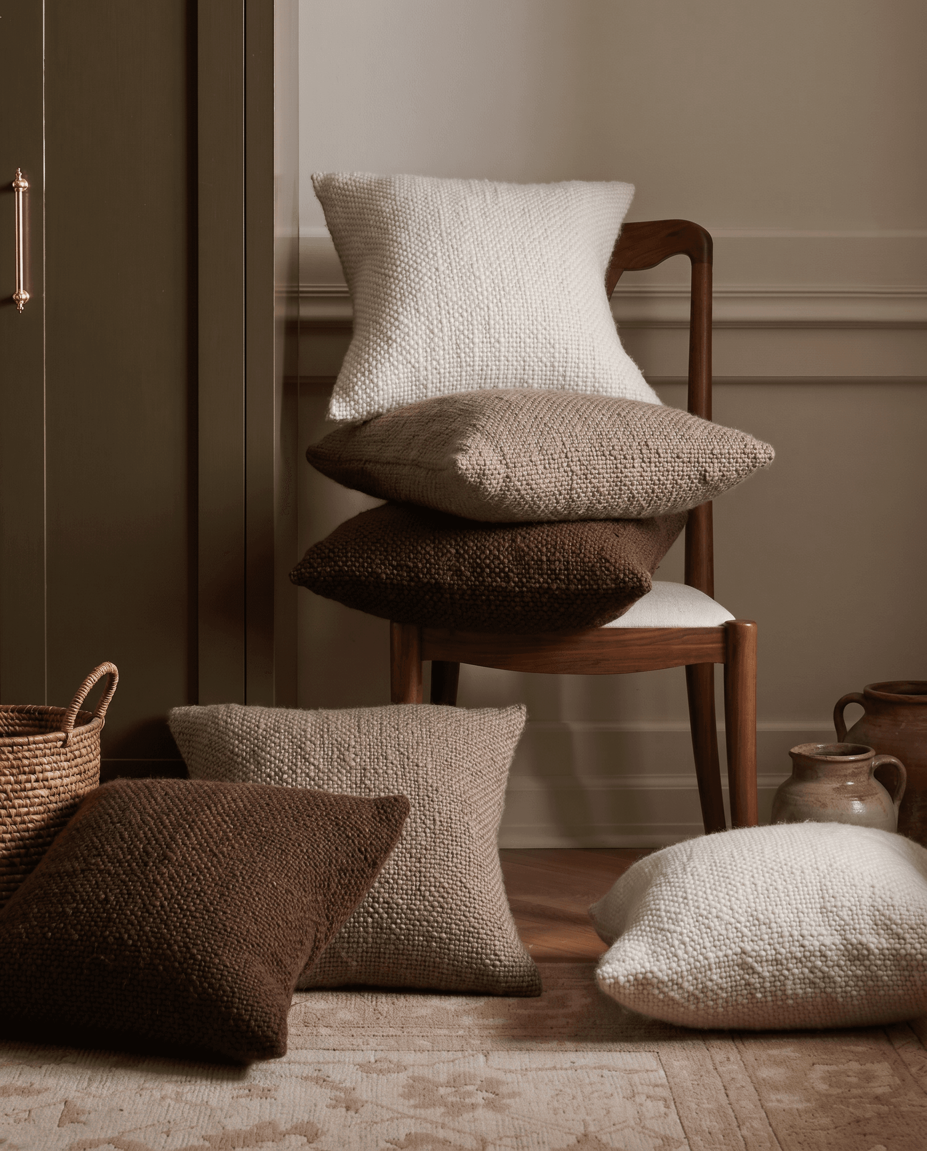 Sophisticated autumnal interior editorial, cream taupe and deep chocolate chunky-woven bouclé throw pillows arranged on and around a mid-century walnut dining chair, olive-green cabinetry, herringbone wood flooring, faded vintage rug, richly layered and handcrafted