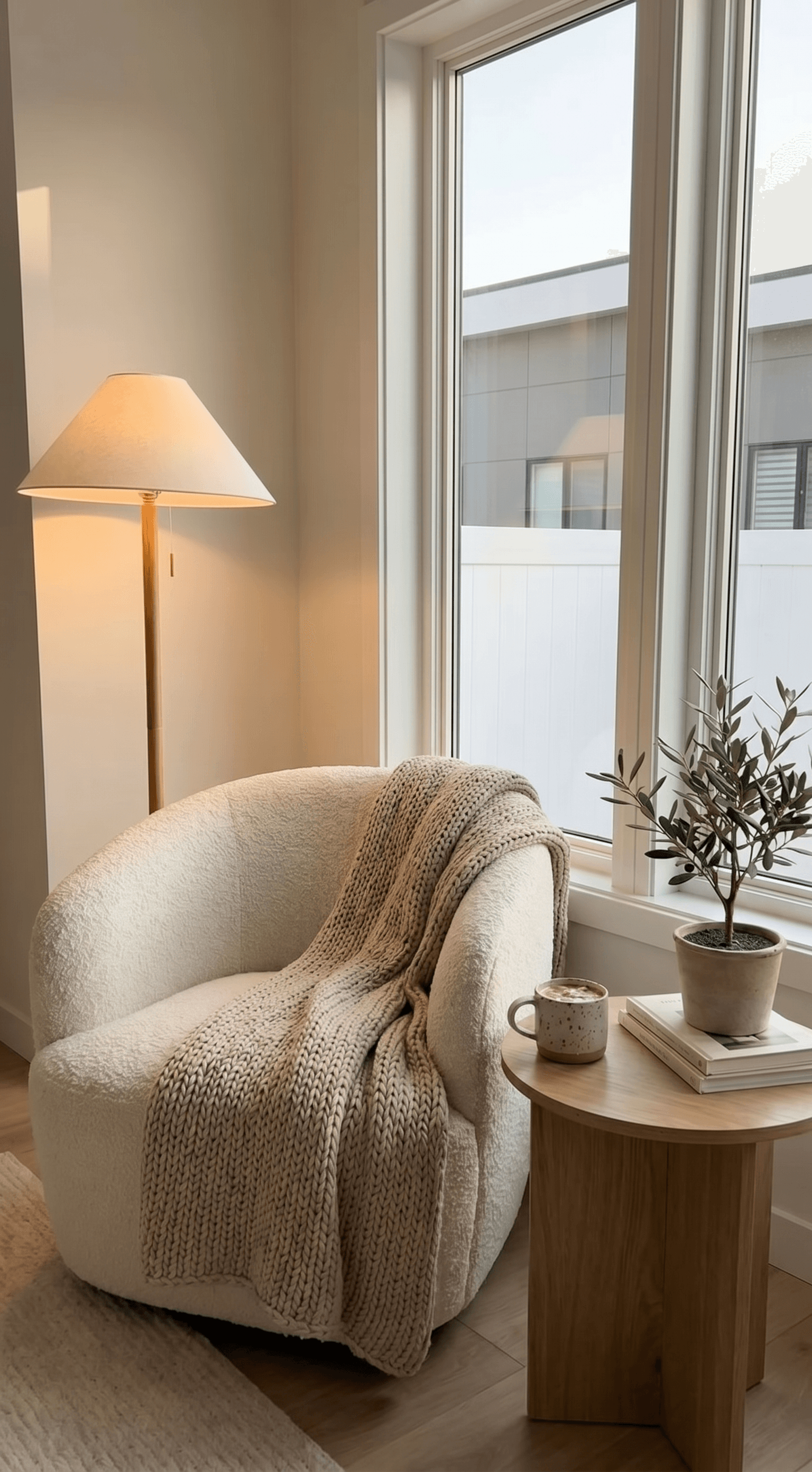Hygge reading nook, plush ivory bouclé swivel armchair draped with chunky beige knit throw beside a large window, natural oak side table with ceramic mug and small potted olive tree, minimalist conical floor lamp glowing warmly, serene and quietly inviting domestic comfort