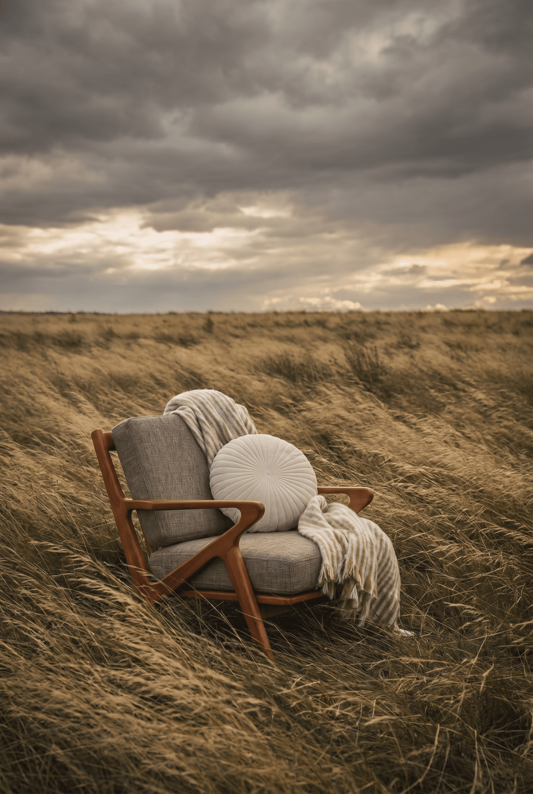 Poetic pastoral campaign, mid-century lounge chair with warm timber frame and woven grey upholstery placed in open windswept grassland under overcast moody sky, cream round cushion and striped fringed throw, striking juxtaposition of domestic comfort against wild nature