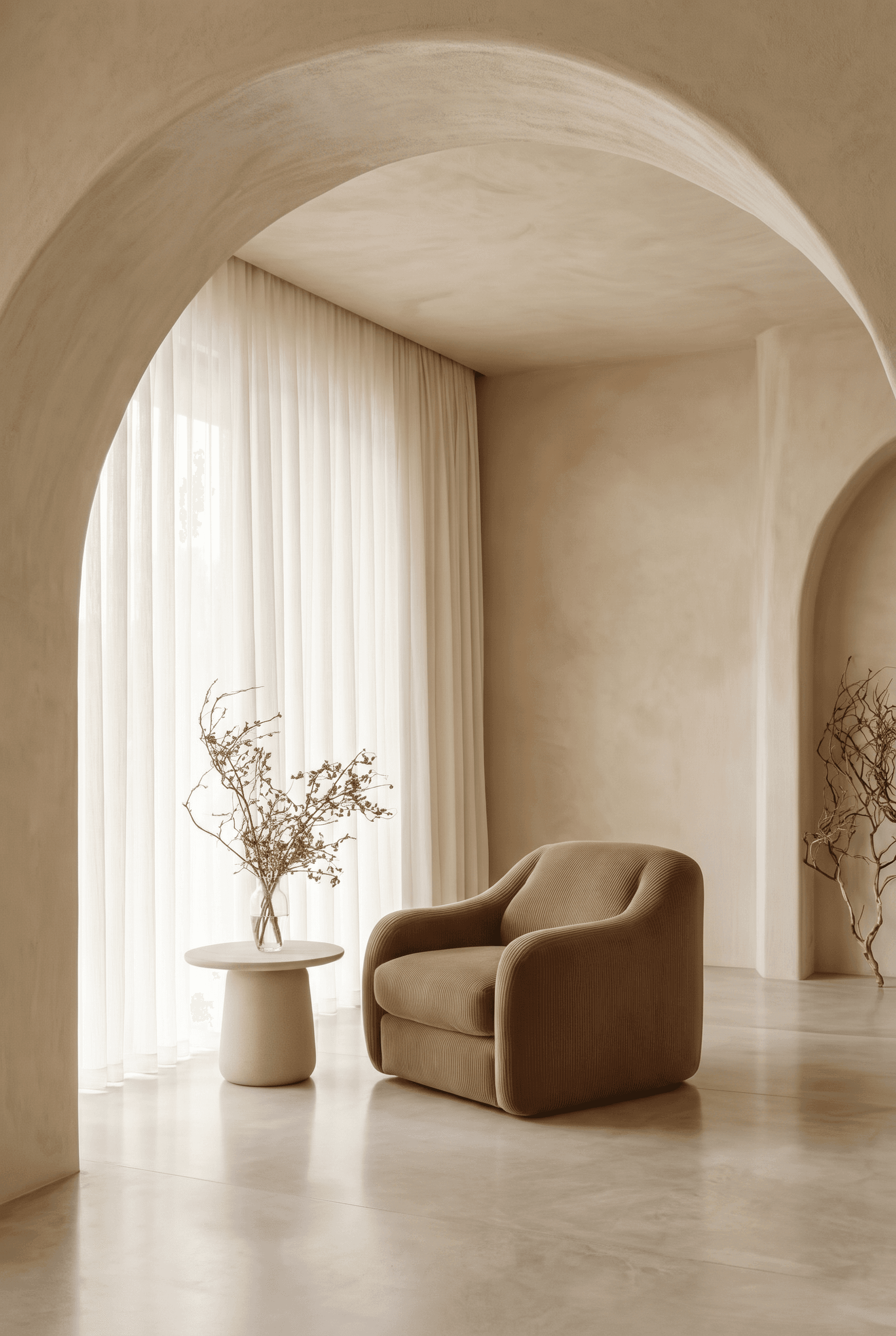 Gallery-like architectural interior, sculptural rounded lounge chair in warm camel corduroy beneath a sweeping plaster archway, floor-to-ceiling sheer ivory curtains, mushroom stone side table with dried branch arrangement, sandy lime-wash plaster walls, wabi-sabi luxury