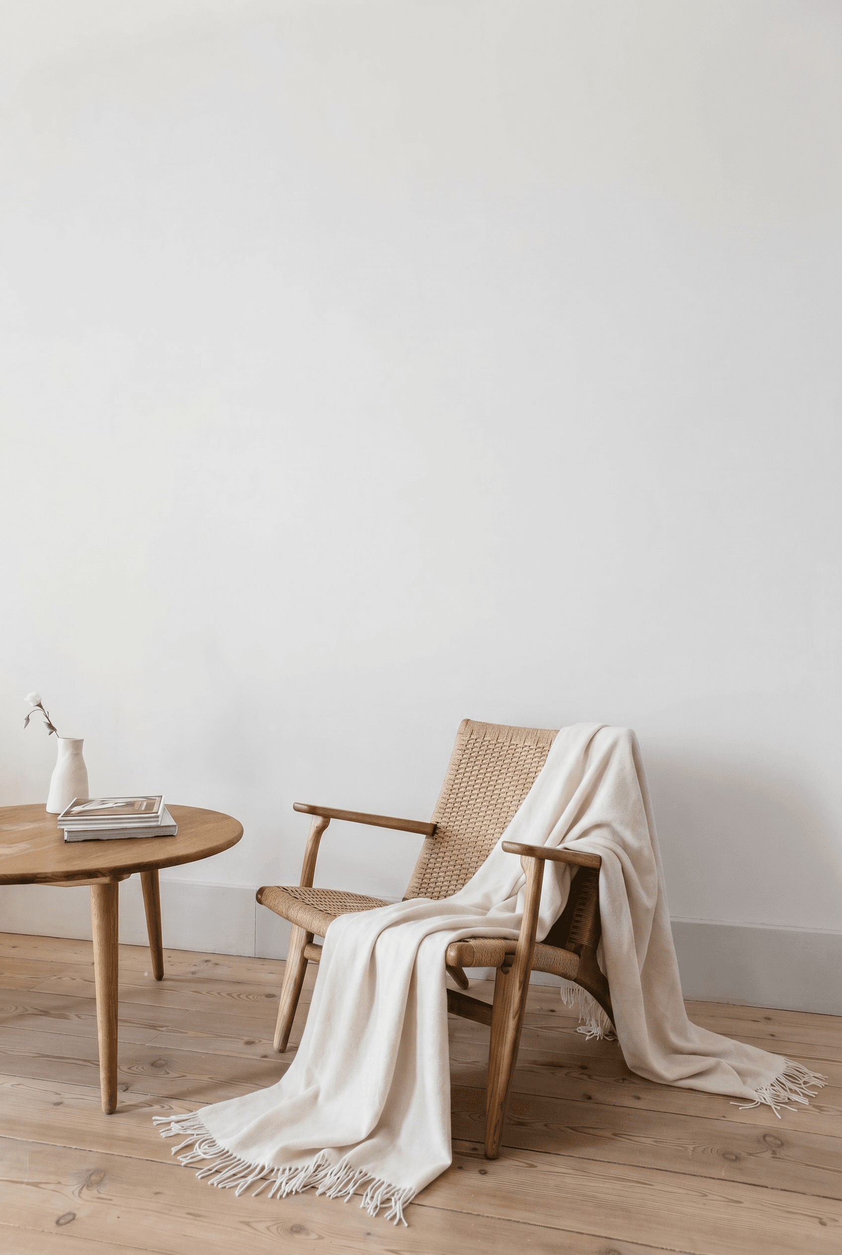 Serene Nordic interior, Scandinavian woven rope and oak armchair paired with cream cashmere fringe throw trailing onto pale pine plank floor, round oak side table with stacked magazines and white ceramic bud vase, white walls, minimalist and quiet craftsmanship