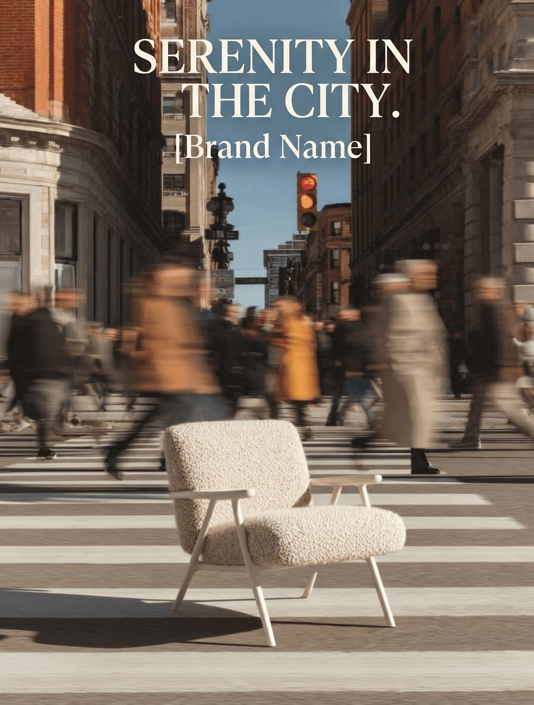 Surreal urban concept campaign, cream ivory bouclé lounge chair placed on a busy city crosswalk amid motion-blurred rushing pedestrians, classic brick architecture and blue sky backdrop, bold stillness amid urban chaos, conceptual furniture brand campaign with striking contrast