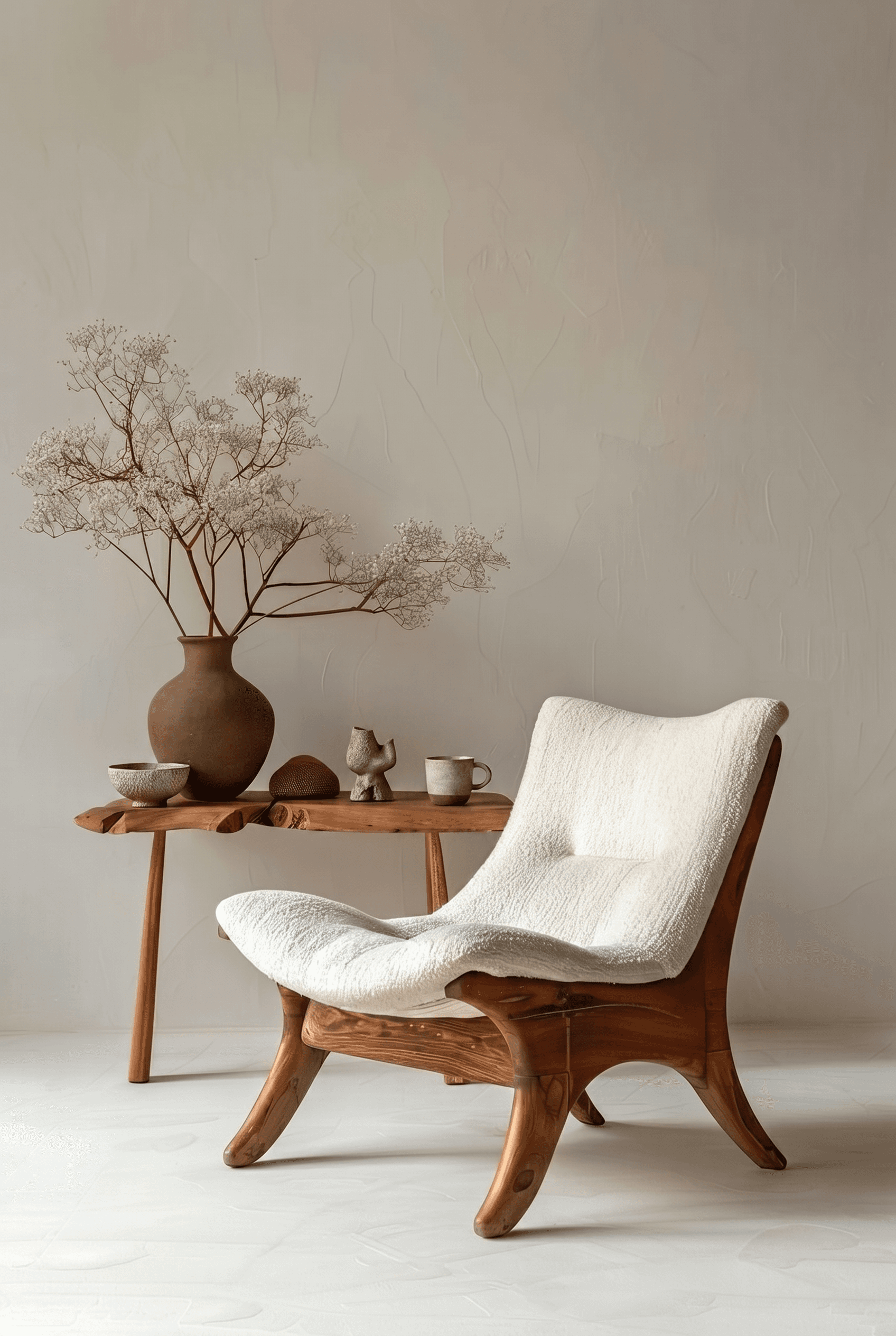Wabi-sabi artisanal interior, curved solid walnut sling lounge chair with cream bouclé upholstery beside a live-edge wooden side table holding a dark clay vase with airy dried branches, small ceramic objects, soft plastered off-white wall, handcrafted and quietly sophisticated