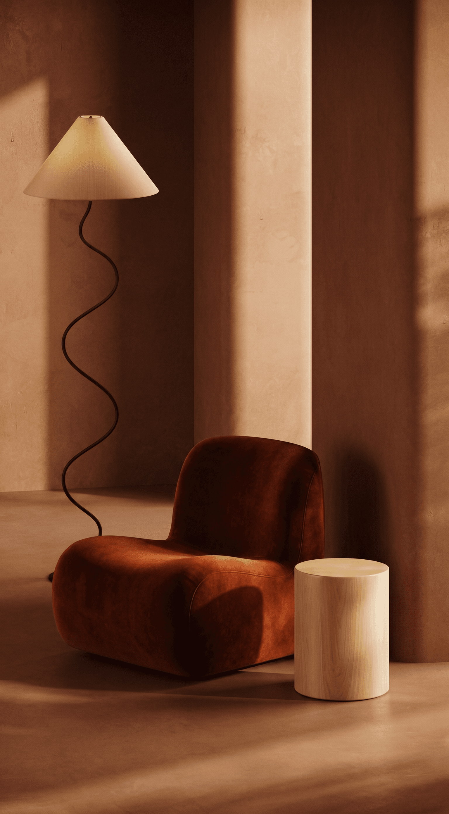 Gallery-bold 70s-inspired editorial, sculptural wave-form lounge chair in deep rust burnt-sienna velvet, cylindrical light wood side table and serpentine floor lamp with cream shade, monochromatic terracotta plaster interior with dramatic architectural light and shadow, sensual luxury
