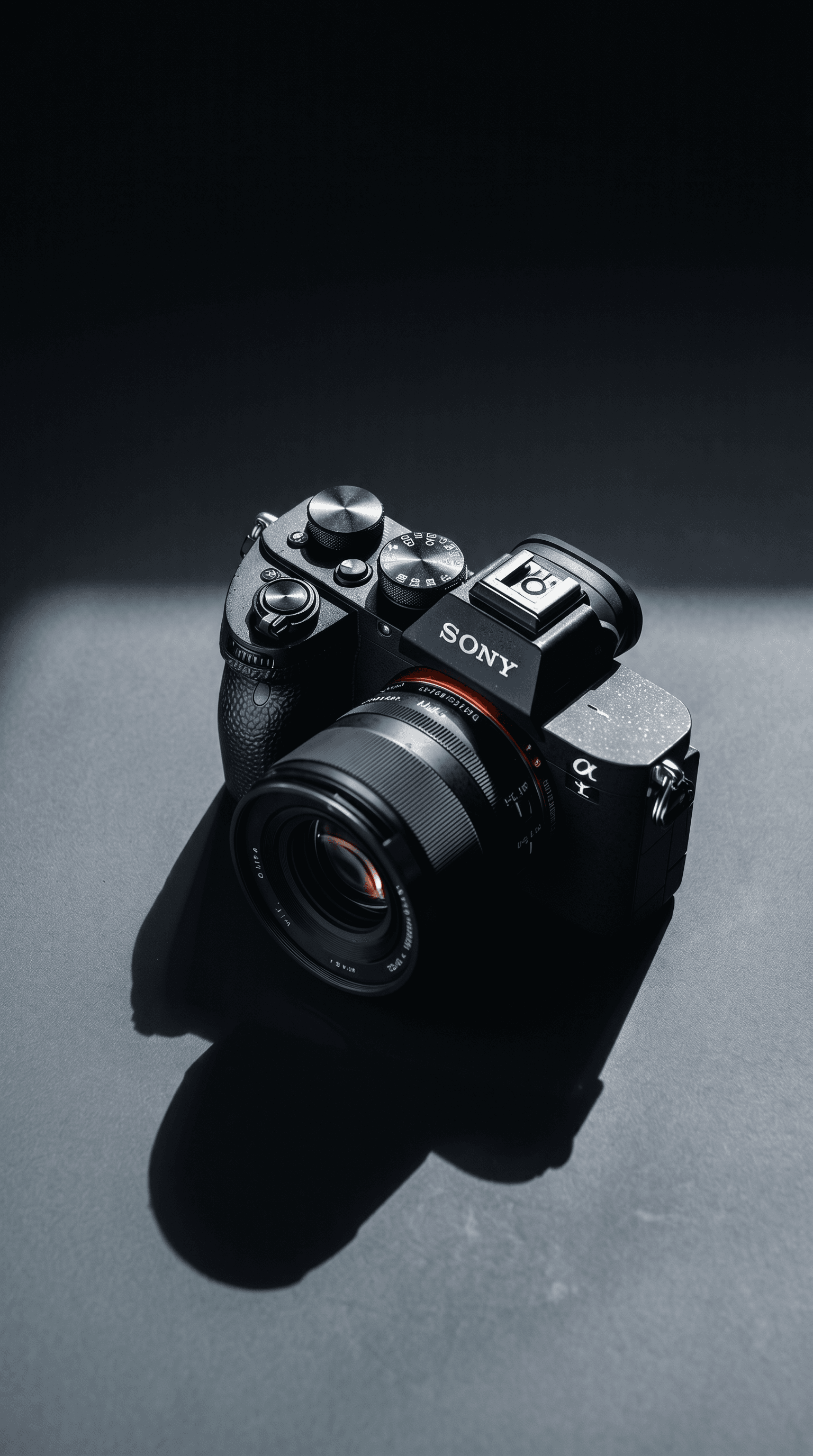 Dramatic studio still life, Sony Alpha mirrorless camera with attached lens on a slate-gray seamless surface, razor-sharp directional side lighting casting a long bold shadow, deep black background fading into charcoal gray, metallic silver dials and grip texture rendered in exquisite detail, moody professional editorial photography with cinematic contrast