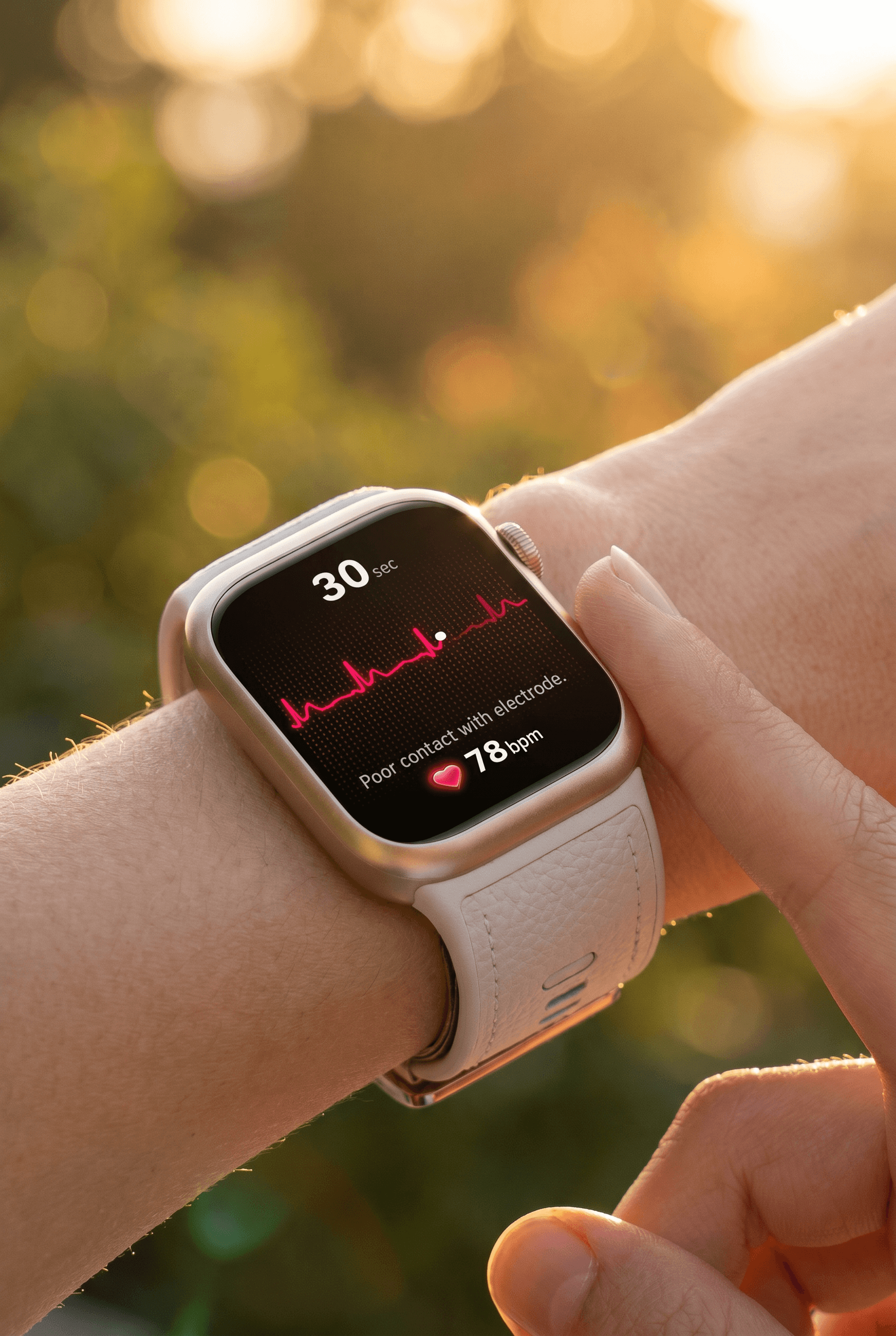 Intimate health-focused editorial, close-up of Apple Watch on a wrist with the ECG app glowing on the display, champagne gold case and white leather band catching warm afternoon sunlight, the finger touching the Digital Crown completing the circuit, soft bokeh outdoor background in warm amber-green tones, tender and personal moment conveying wellness and reassurance, macro-sharp details of the watch face and red waveform