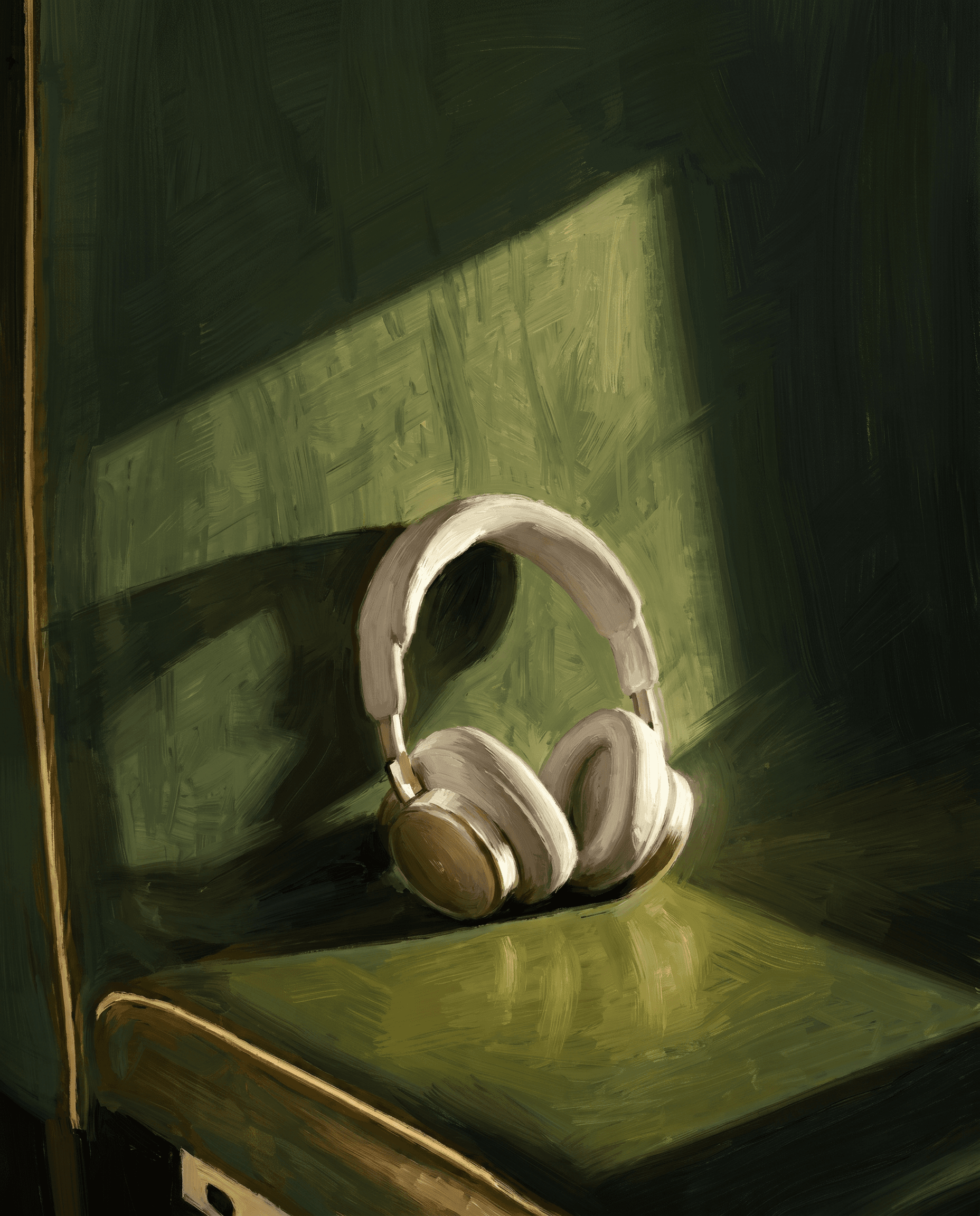 Painterly editorial still life, cream-white over-ear headphones resting on a deep forest-green textured ledge, a dramatic shaft of natural window light cutting diagonally across the scene and casting long geometric shadows, rich interplay of deep olive and ivory, the soft natural sidelight revealing every material texture, calm and contemplative mood like a quiet Sunday afternoon, almost cinematic in its composed silence