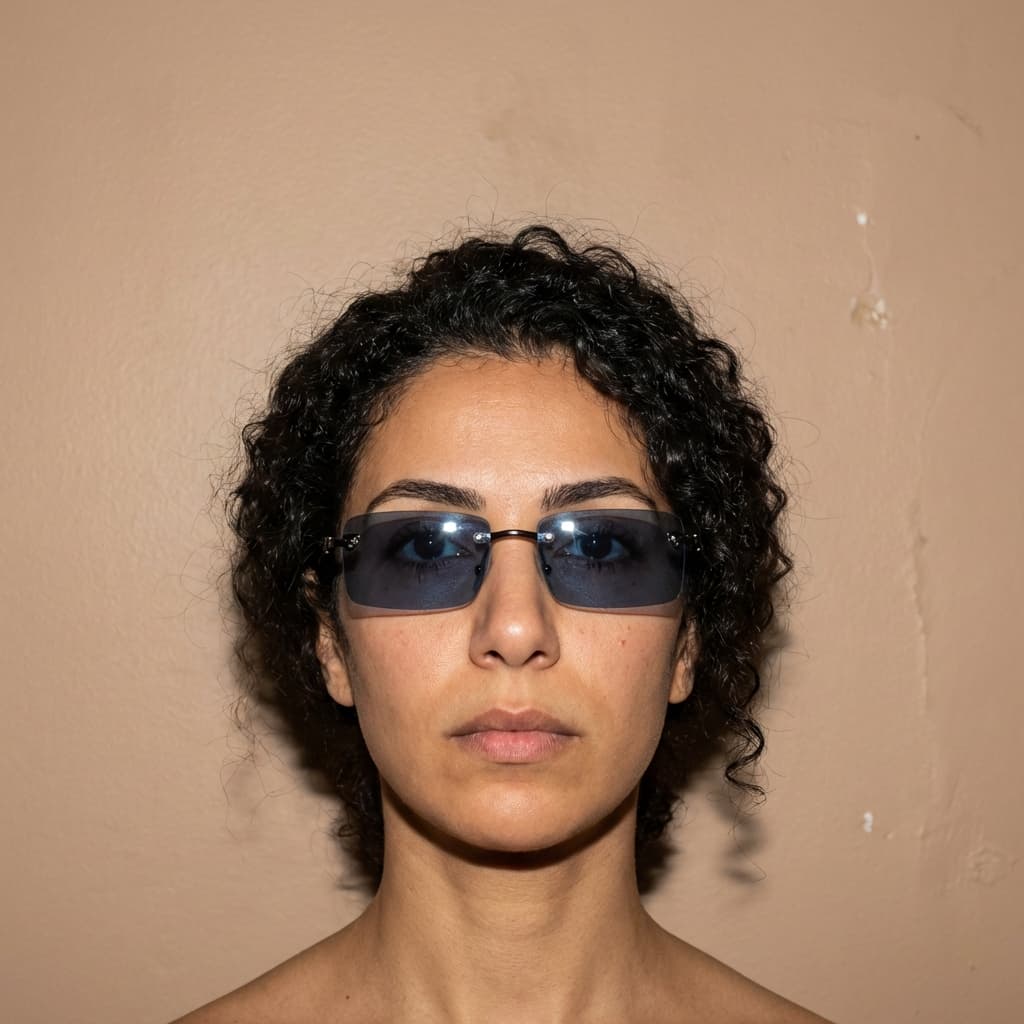 sunglasses worn by 34-year-old Iranian-Ghanaian woman. Studio setting:
• Background: Plain, matte off-white / warm beige backdrop with subtle tonal variation, not seamless—adds texture and realism rather than a pure studio white.
• Lighting: Direct, on-axis frontal flash or hard key light, likely from camera position. Creates minimal shadow modeling with slight falloff behind the subject.
• Shadow behavior: Soft but visible shadow halo on the wall, indicating short subject-to-background distance.
• Environment feel: Controlled indoor studio or makeshift studio setup; intentionally simple and utilitarian rather than polished.
• Overall mood: Neutral, documentary-adjacent studio environment—clean, quiet, and understated, allowing the subject and clothing to remain the focus.