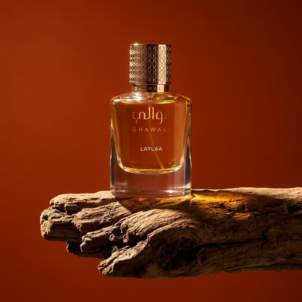 Perfume set in: Background: Solid, saturated burnt-orange backdrop with a smooth, studio-finished surface. No visible seams or gradients beyond intentional light falloff.
• Lighting: Single dominant directional light, likely from the upper side, creating strong highlights on the glass and pronounced, sculptural shadows.
• Contrast: High contrast setup with deep shadows and crisp edges, emphasizing form, texture, and transparency.
• Surface / props: Natural, rough-textured wood element used as a sculptural prop, elevated and isolated from the background.
• Environment feel: Controlled tabletop or still-life studio environment designed for dramatic product emphasis.
• Overall mood: Bold, cinematic, and tactile—luxury product photography with an editorial, almost theatrical tone.