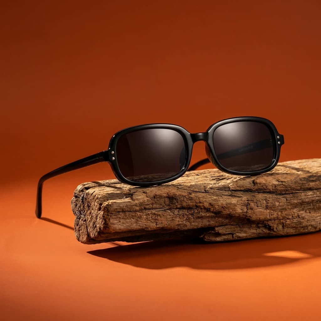 Background: Solid, saturated burnt-orange backdrop with a smooth, studio-finished surface. No visible seams or gradients beyond intentional light falloff.
• Lighting: Single dominant directional light, likely from the upper side, creating strong highlights on the glass and pronounced, sculptural shadows.
• Contrast: High contrast setup with deep shadows and crisp edges, emphasizing form, texture, and transparency.
• Surface / props: Natural, rough-textured wood element used as a sculptural prop, elevated and isolated from the background.
• Environment feel: Controlled tabletop or still-life studio environment designed for dramatic product emphasis.
• Overall mood: Bold, cinematic, and tactile—luxury product photography with an editorial, almost theatrical tone.