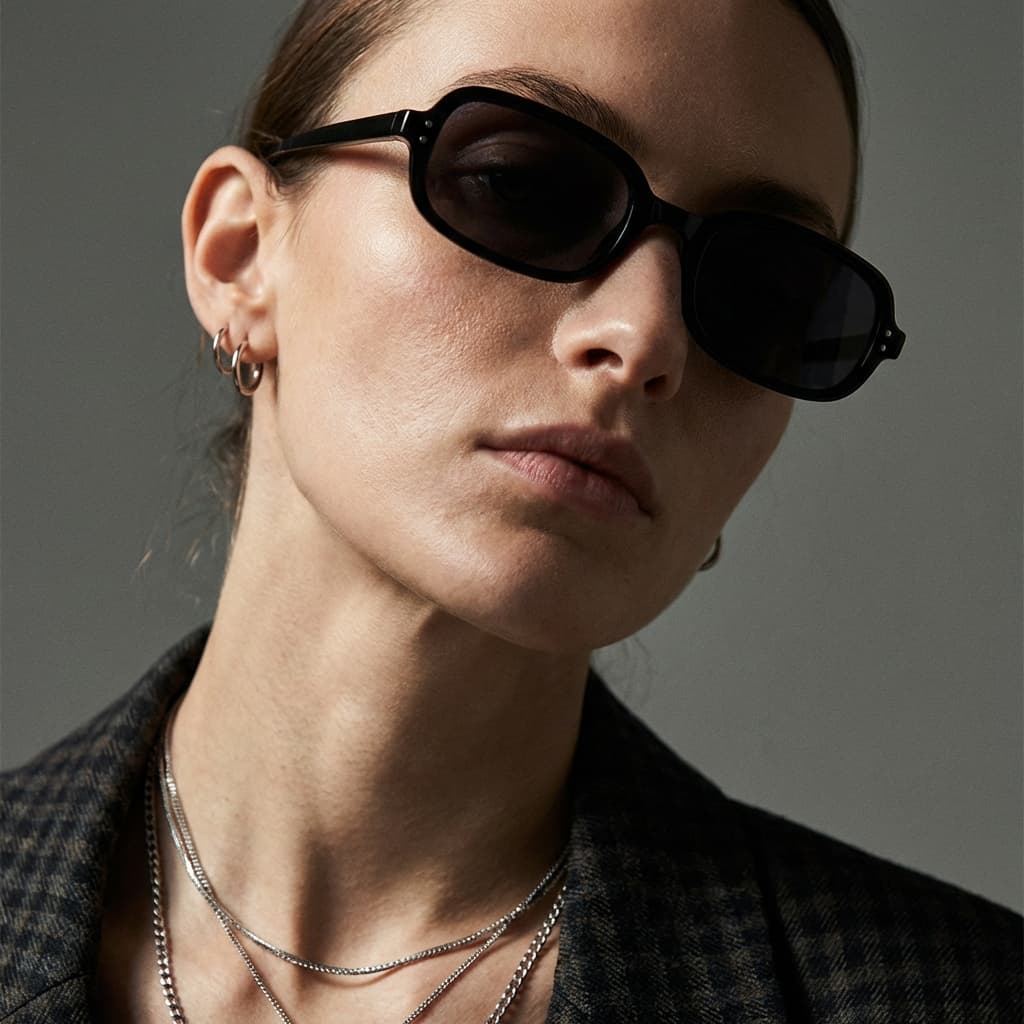 The photo is a tight, fashion-forward portrait focused on mood and attitude rather than neutrality.
A model wearing dark sunglasses is captured in a close crop, with the head slightly tilted and turned away from the camera. The expression is calm and self-assured, almost detached, reinforcing a cool, editorial tone. The sunglasses obscure the eyes, shifting attention to facial structure, skin texture, and styling.
The lighting is directional and sculptural, creating strong highlights across the cheekbones, jawline, and neck while leaving soft shadows that add depth and drama. Skin texture is intentionally visible, giving the image a tactile, high-end feel rather than a retouched commercial look.
The wardrobe and accessories—layered necklaces, a patterned jacket, and small hoop earring—add visual richness without overwhelming the frame. The muted gray background keeps the focus on the subject while subtly enhancing contrast.
Overall, the image feels confident, stylish, and editorial, with an emphasis on presence, texture, and attitude rather than approachability or product clarity.