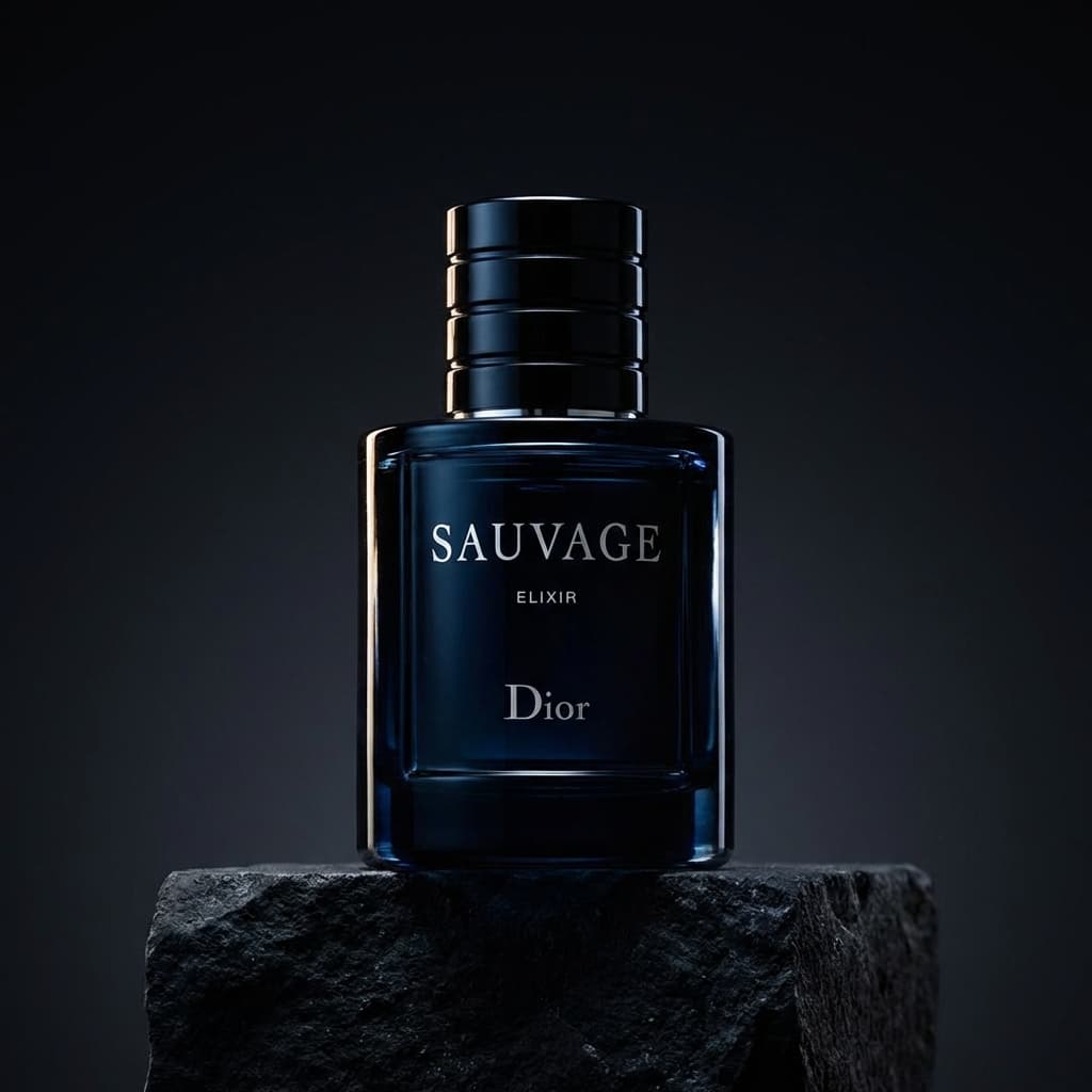 This image is a dramatic, luxury product still life centered on mood and materiality.
A glass perfume bottle sits alone on a rough, dark stone surface, elevated and isolated like a sculptural object. The bottle is upright and precisely positioned, with a black cap and a restrained, monochrome label that reinforces a minimalist, premium identity.
The lighting is low-key and directional, striking the glass from the side and slightly behind. This creates crisp highlights along the bottle’s edges while allowing much of the form to fall into shadow. The liquid inside remains subtly visible, adding depth without breaking the dark, refined tone.
The background fades into a deep charcoal-to-black gradient, giving the image a cinematic sense of space and separation. The stone pedestal introduces a raw, tactile contrast to the smooth glass, emphasizing weight, permanence, and luxury.
Overall, the photo feels moody, sculptural, and high-end, designed to evoke exclusivity and sensory depth rather than straightforward product clarity.