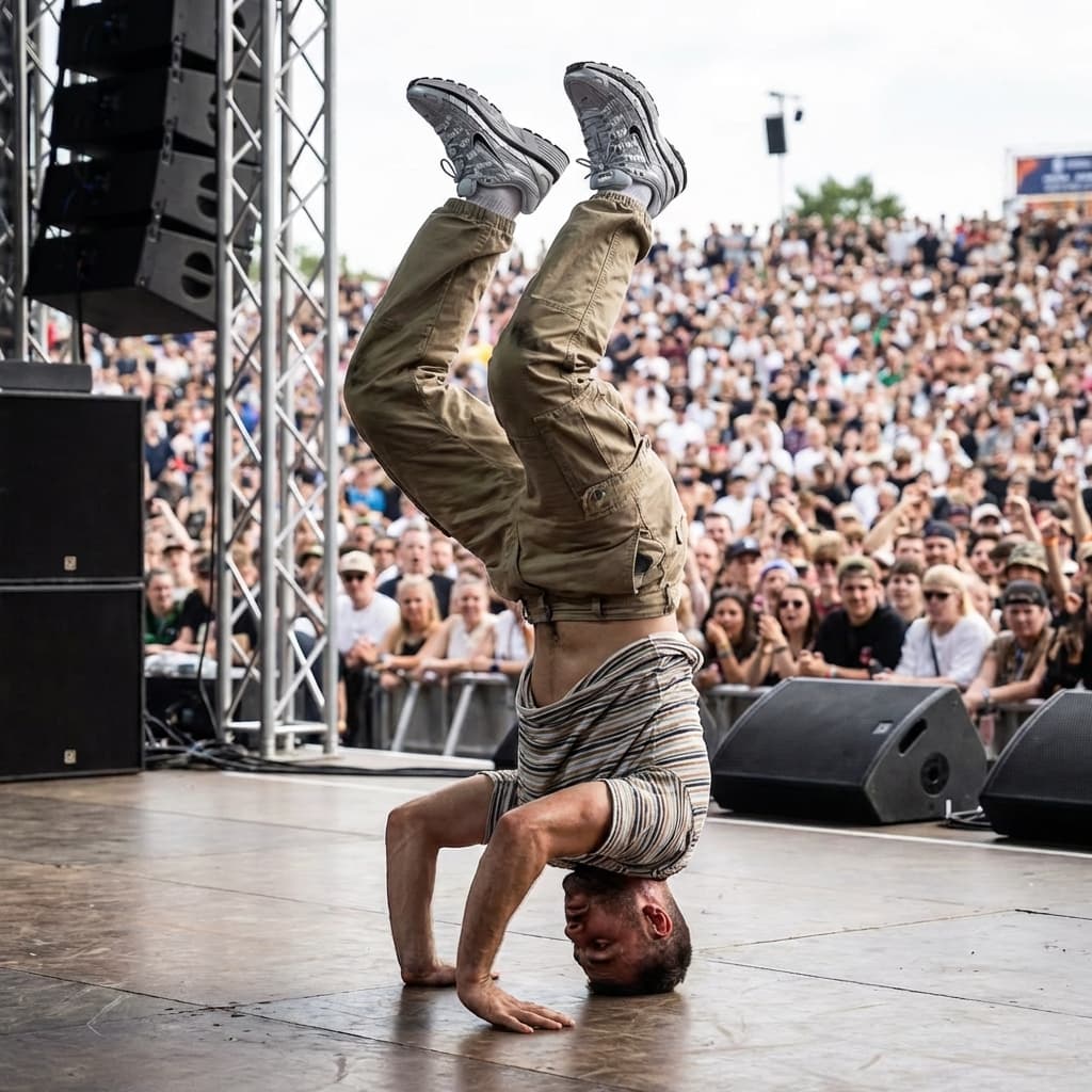 The photo captures a high-energy moment from a live performance or competition.
A dancer is frozen upside down in a controlled headstand, balancing with legs bent and feet pointed upward. The pose shows strength, precision, and athletic control, emphasizing the physicality of the movement. Clothing is loose and functional—cargo-style pants, sneakers, and a striped top—suited for street or hip-hop dance styles.
The setting is an outdoor stage, with metal truss structures and speakers visible to the side. Behind the dancer, a large crowd fills the background, slightly out of focus, creating a strong sense of scale and atmosphere. The audience presence adds intensity and context, signaling that this is a public, high-stakes moment rather than a studio setup.
Lighting appears natural and diffuse, likely daylight, keeping the scene realistic and documentary-like rather than stylized.
Overall, the image feels raw, energetic, and authentic, capturing performance, community, and motion in a real-world environment rather than a controlled studio scene.