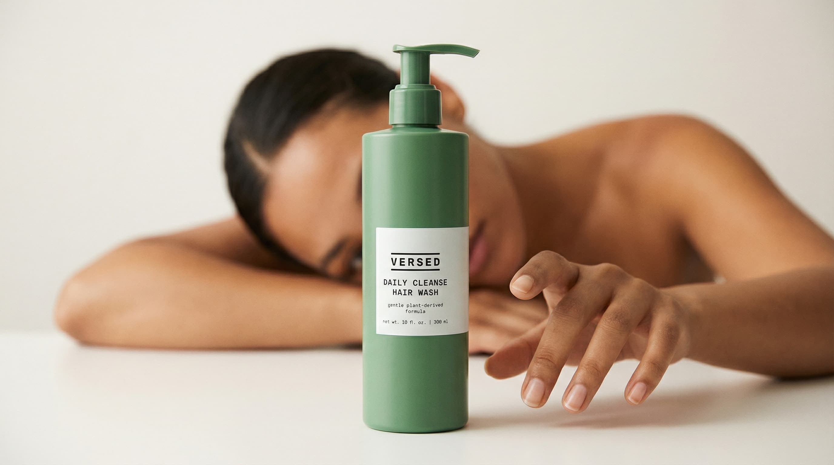 The photo is a clean, intimate lifestyle product portrait with a calm, modern tone.
A tall green pump bottle of hair cleanser stands upright in the foreground on a white surface, sharply in focus. Behind it, a person rests their head and arms on the same surface, partially obscured by the product. One hand extends toward the camera, creating depth and a gentle sense of reach.
The composition uses shallow depth of field and clear foreground–background separation, making the product the visual anchor while still keeping a human presence central to the image. The neutral off-white background and tabletop remove any environmental distraction.
Lighting is soft and diffused, producing smooth skin tones and minimal shadows. The overall palette—green, white, and warm skin tones—feels natural and restrained.
The mood is quiet, personal, and contemporary, suggesting customization, care, and everyday ritual rather than luxury or performance-driven messaging.