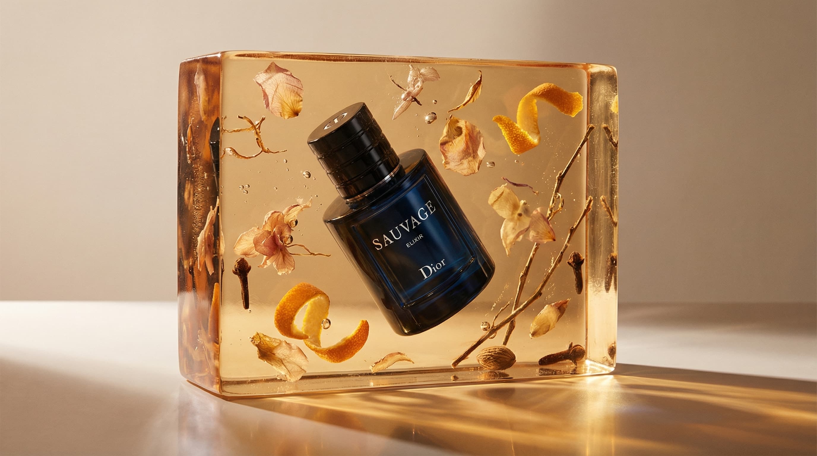 Here’s another creative direction that sits in the same visual and conceptual world—sensory, sculptural, and slightly surreal—without repeating the ice motif directly:
Concept: “Suspended in Resin”
A perfume bottle is embedded inside a thick slab of translucent resin, cast mid-pour so that movement feels frozen but fluid. Inside the resin, delicate natural elements—petals, citrus peels, thin branches, spices—appear caught in motion, some partially blurred or distorted by the material’s density.
The bottle is slightly tilted, not perfectly centered, creating tension between precision and organic chaos. Tiny air bubbles and striations in the resin add texture and imperfection, echoing the way ice cracks and traps light, but with a warmer, more amber-toned feel.
The slab rests on a reflective surface, with soft directional light passing through it to create refracted shadows and glowing edges. The background remains minimal and warm-neutral, allowing the material and contents to carry the mood.
Why it works as a sibling concept:
• Preserves the idea of scent made physical
• Uses encapsulation and suspension as metaphor
• Emphasizes materiality, light, and texture
• Feels editorial, tactile, and timeless rather than gimmicky
If you want a sharper contrast instead, this same setup could shift cooler (clear resin, steel surface) or darker (smoked resin, black background) while keeping the same visual DNA.