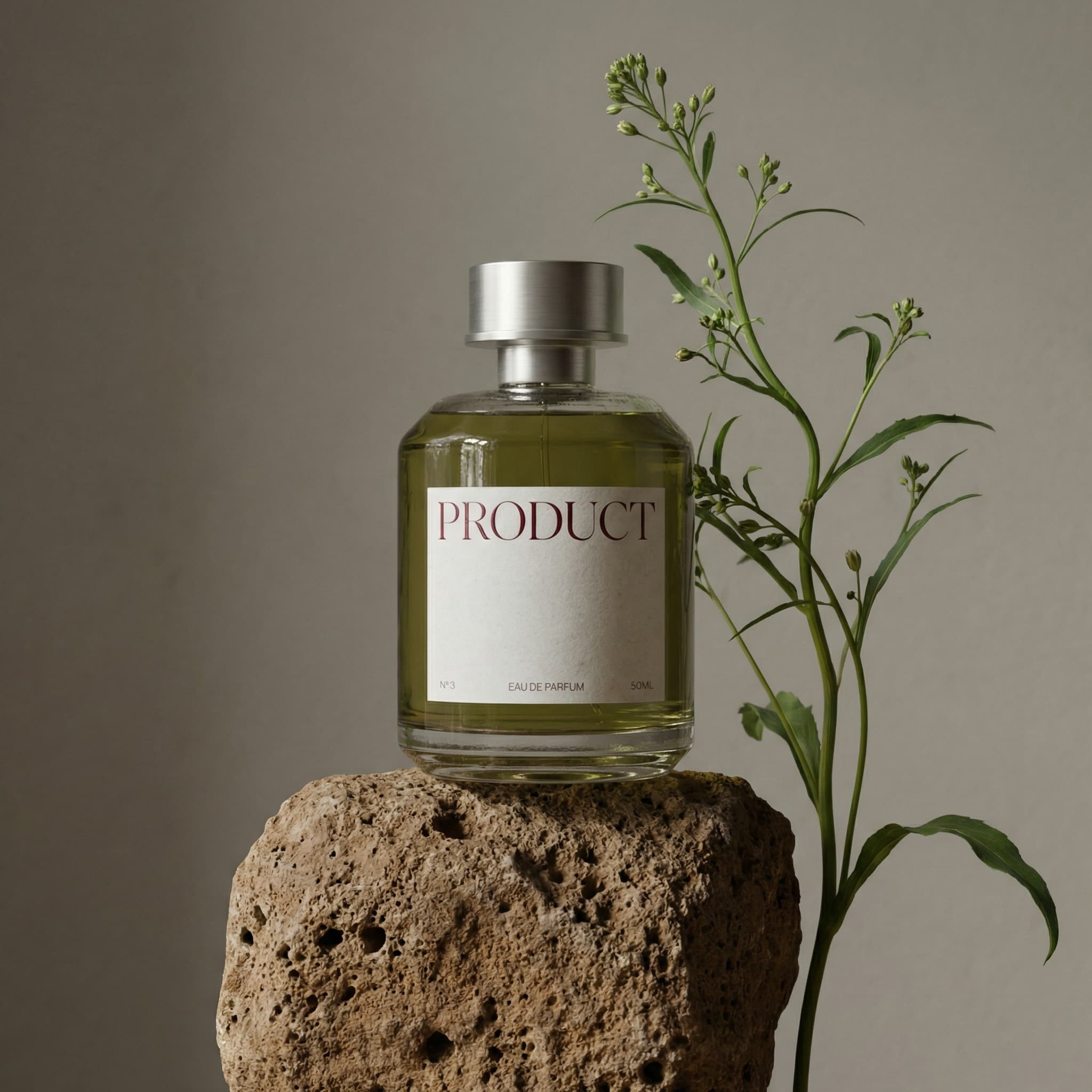 The image is a refined, sculptural fragrance still life rooted in nature and restraint.
A rectangular perfume bottle is balanced carefully atop a rough, porous stone, creating a sense of quiet tension and precision. Beside it, a slender green plant rises upward, its leaves and buds arranged with an almost botanical-illustration delicacy. The plant’s organic curves soften the strict geometry of the bottle.
The palette is muted and earthy—olive green liquid, stone browns, and a warm gray background—giving the scene a calm, grounded atmosphere. The cap appears natural and tactile, echoing the stone beneath and reinforcing a connection to raw materials.
Lighting is soft and directional, gently modeling the textures of glass, stone, and leaves without dramatic contrast. Shadows are subtle, allowing the composition to feel balanced and timeless rather than theatrical.
Overall, the image feels quietly luxurious, botanical, and architectural, aligning fragrance with craftsmanship, nature, and considered design rather than excess. It reflects a visual language often associated with Loewe: intellectual, material-driven, and understated.