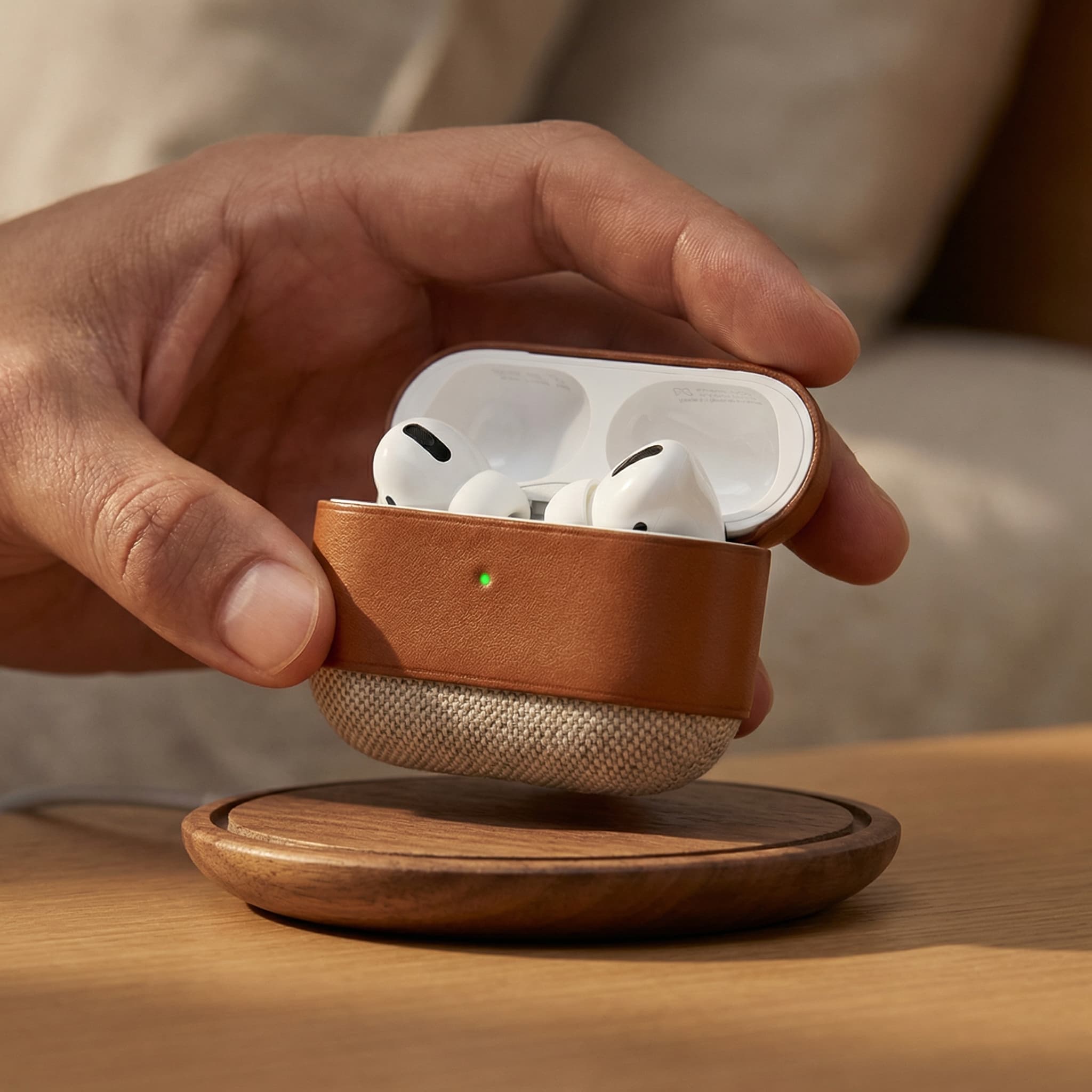 The image is a warm, tactile lifestyle product shot focused on material quality and everyday interaction.
A hand gently holds a compact tech accessory case just above a wireless charging puck, captured at the moment before placement. The framing is tight and intentional, emphasizing the gesture and the object rather than the full scene.
The case itself combines contrasting textures—a smooth, leather-like top with a woven fabric base—giving it a crafted, premium feel. The hand provides scale and humanity, reinforcing that this is an object meant to be used, handled, and carried daily.
Lighting is soft and warm, with shallow depth of field that subtly blurs the background while keeping the product and fingers crisp. The neutral palette and diffused highlights create a calm, refined mood rather than a flashy tech aesthetic.
Overall, the image feels considered, human-centered, and design-forward, blending technology with lifestyle and craftsmanship. It communicates quality and intention through touch, texture, and restraint rather than overt technical detail.
