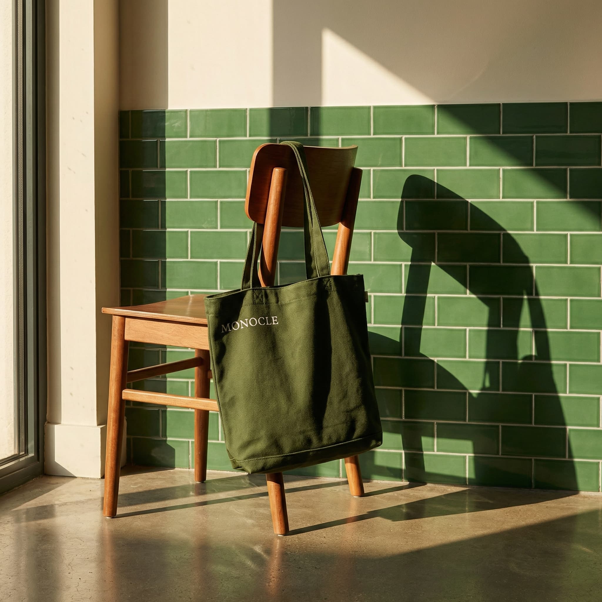The image is a stylized lifestyle still life with a strong emphasis on space, light, and graphic composition.
A canvas tote bag hangs casually from the back of a wooden chair, placed against a wall of glossy green ceramic tiles. The bag appears partially filled, giving it weight and realism, while the bold typography on the fabric adds a graphic focal point.
Natural light streams in from the side, casting long, crisp shadows across the tiled wall and furniture. These shadows become a key design element, creating rhythm and depth and giving the scene a cinematic, late-afternoon feel.
The environment—minimal café or kitchen interior—feels quiet and unoccupied, with clean lines, warm wood tones, and cool green tiles creating a balanced, modern palette. The composition is intentional but not rigid, suggesting a moment paused between use.
Overall, the image feels design-forward, calm, and atmospheric, blending branding with interior mood. It’s less about the product alone and more about how it lives within a considered, aesthetically coherent space.