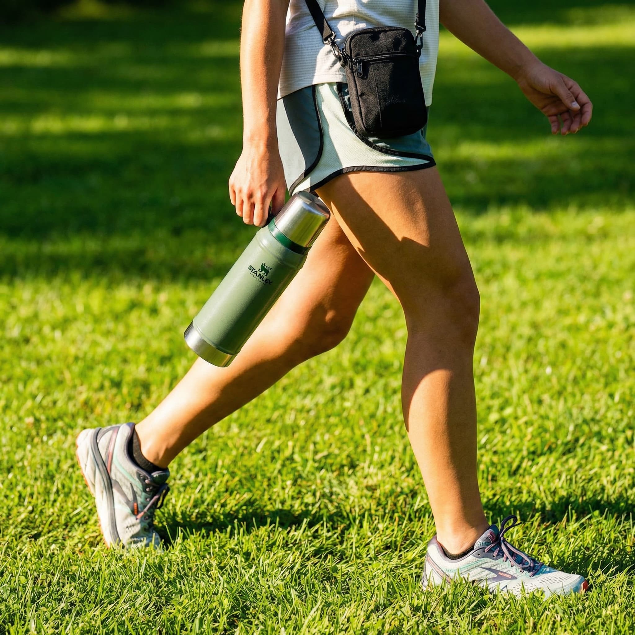 The image is an energetic, outdoorsy lifestyle product shot focused on motion and vitality.
A person is captured mid-walk on bright green grass, holding a reusable water bottle loosely at their side. The framing crops the body at the torso and legs, emphasizing movement, athletic posture, and the casual way the product is carried rather than presented.
Lighting is strong, natural sunlight, creating crisp shadows on the legs and grass and giving the scene a warm, active feel. The white bottle with bold red typography pops sharply against the greens and skin tones, making it instantly legible without isolating it from the moment.
Styling—sporty shorts, running shoes, and a small crossbody pouch—reinforces an active, wellness-oriented lifestyle. The perspective feels candid, like a snapshot taken during a walk or workout rather than a posed campaign.
Overall, the image feels fresh, dynamic, and health-driven, positioning the product as part of an everyday, active routine—hydration in motion, not a static hero object.
