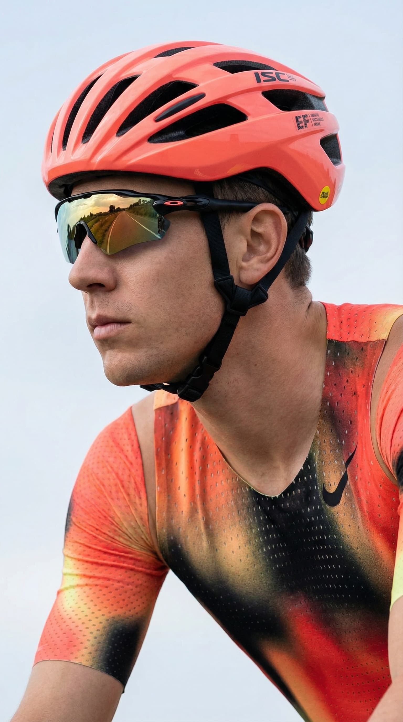 The image is a clean, performance-focused sports portrait with a sharp, modern edge.
A cyclist is shown in side profile, tightly framed from the shoulders up. The bright coral helmet and matching kit dominate the composition, immediately signaling speed, visibility, and technical design. The helmet’s vents, decals, and structured form emphasize safety and aerodynamics rather than lifestyle styling.
Mirrored wraparound sunglasses reflect the surrounding environment, adding a dynamic, almost futuristic feel while obscuring the eyes. This shifts the focus from personality to performance and precision. The subject’s expression is neutral and concentrated, reinforcing a sense of readiness and control.
Lighting is natural and even, likely outdoors, with a pale sky background that removes distraction and keeps attention on the athlete and gear. The overall palette is bold but controlled, with coral tones contrasted against soft neutrals.
Overall, the image feels technical, focused, and elite-performance oriented, typical of professional cycling or high-end sports branding where function, speed, and clarity take priority over narrative or emotion.