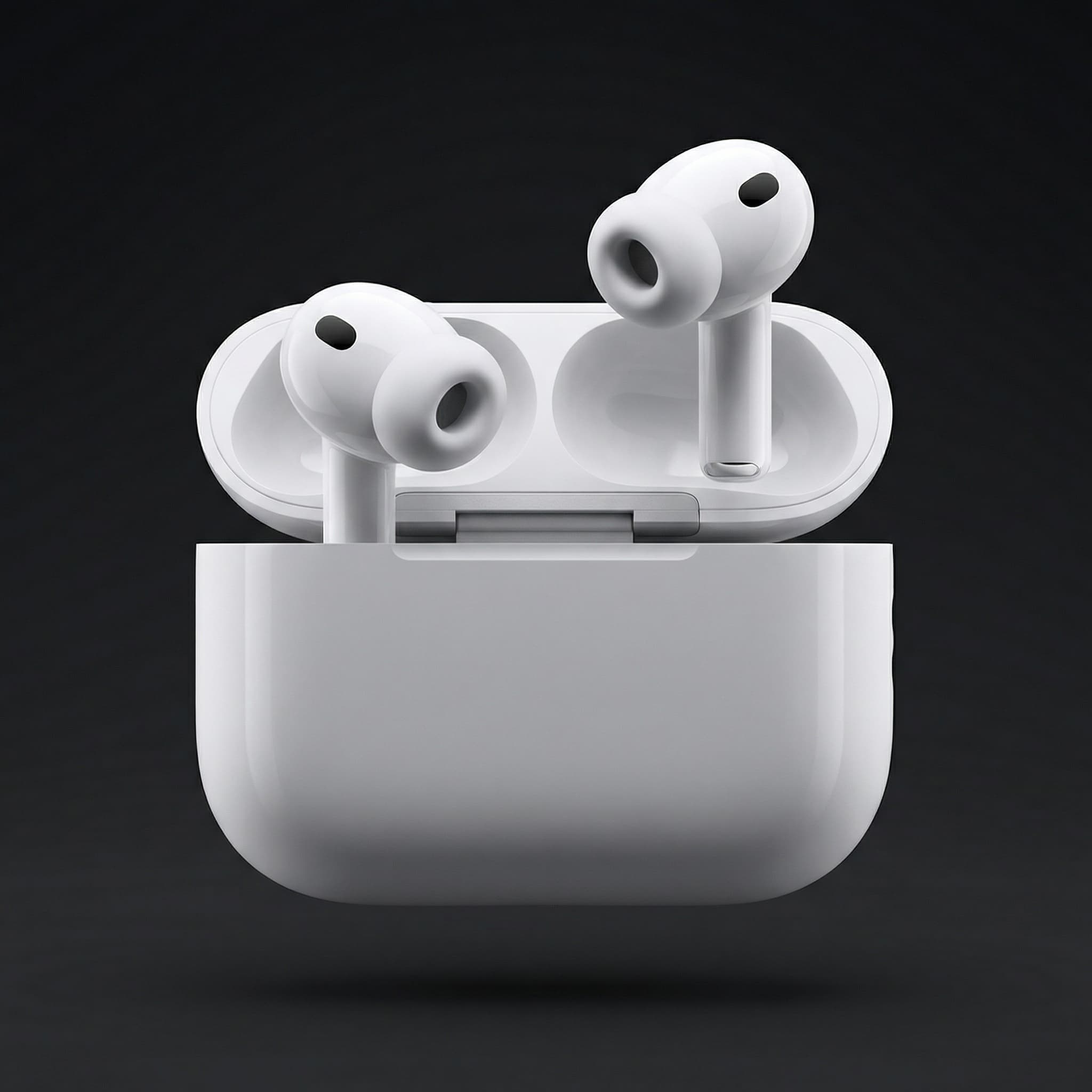 The image is a minimalist, tech-forward product portrait built around precision and restraint.
A pair of wireless earbuds sits inside an open charging case, suspended in mid-air against a dark, neutral gradient background. The product is perfectly centered, symmetrical, and isolated, giving it a sculptural, almost weightless presence.
Lighting is soft and controlled, creating subtle highlights along the smooth, glossy surfaces while keeping shadows clean and intentional. The faint shadow beneath the case grounds the object just enough to suggest space without breaking the floating illusion.
There are no hands, no environment, and no narrative context—only the object itself. This reduction emphasizes form, material, and engineering, allowing the design to speak without distraction.
Overall, the image feels quiet, premium, and hyper-focused, typical of high-end tech branding. It communicates sophistication, clarity, and confidence through minimalism rather than lifestyle or emotion.