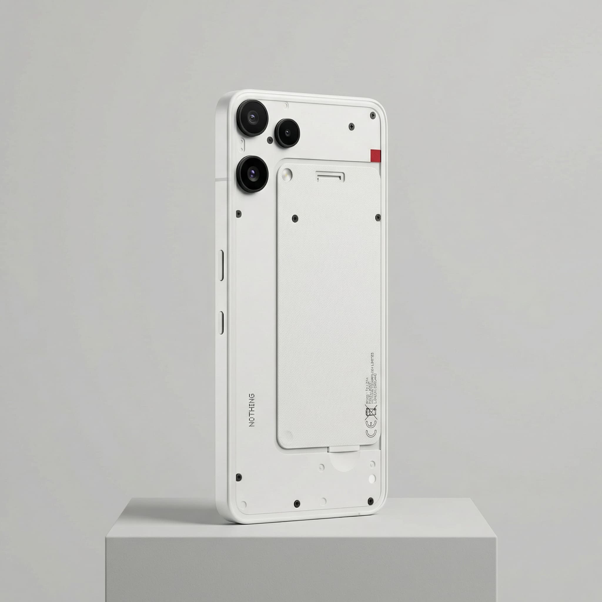 The image is a clean, design-led product portrait with a strong industrial–minimal aesthetic.
A smartphone stands upright on a simple pedestal against a soft, light gray background. The composition is precise and balanced, with the device slightly angled to reveal its thickness, buttons, and camera module without breaking the clean silhouette.
The phone’s design feels modular and engineered rather than decorative—visible screws, circular accents, and contrasting textures suggest durability and intentional construction. The muted color palette (soft gray, white, subtle orange details) reinforces a utilitarian, modern tone.
Lighting is diffuse and even, eliminating harsh shadows and reflections. This keeps edges crisp and materials legible, making the image feel technical and honest rather than dramatic.
Overall, the image feels modern, functional, and design-first, positioned between consumer tech and industrial object. It emphasizes build quality, structure, and thoughtful detailing over lifestyle, emotion, or narrative.