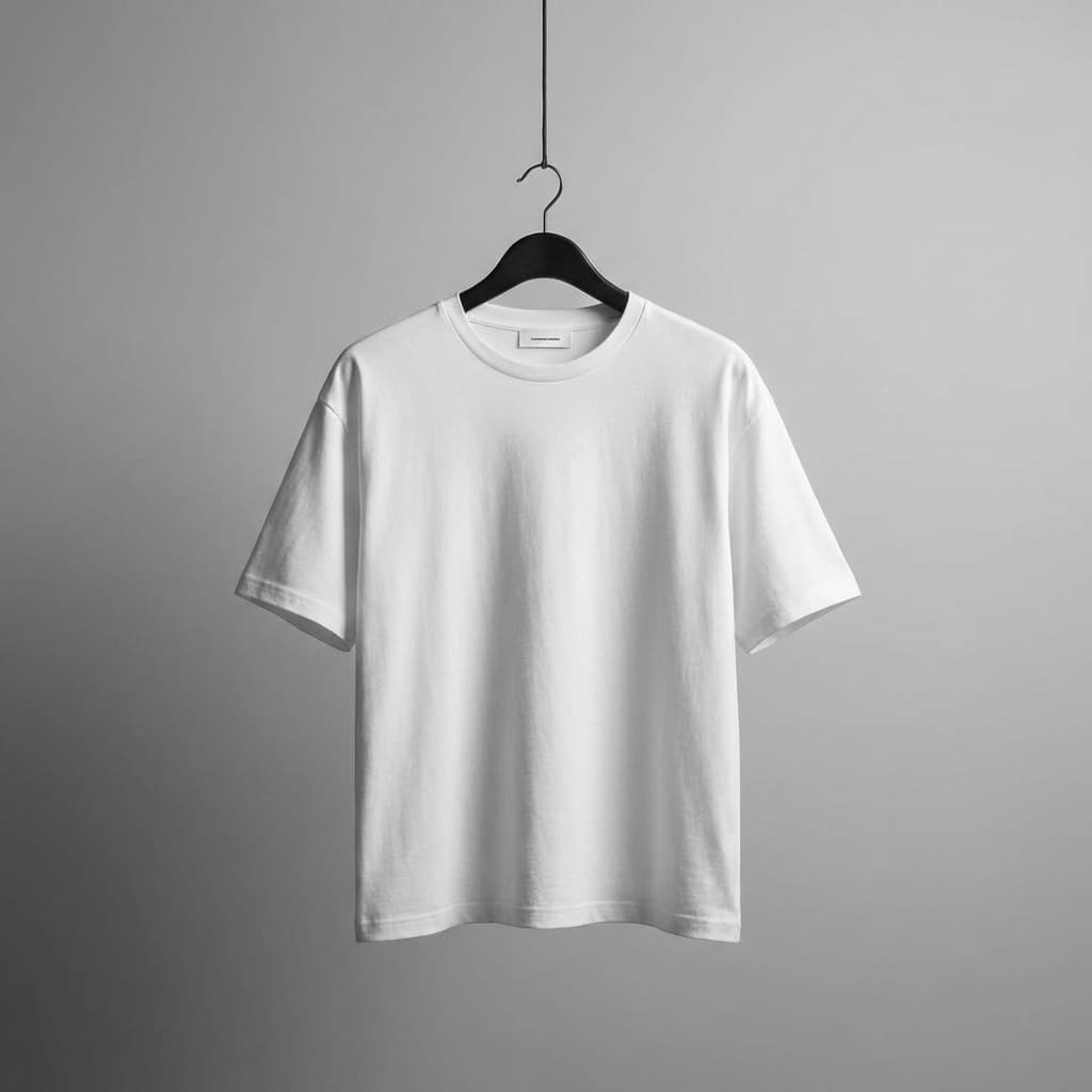 A plain white t-shirt hangs on a simple black clothes hanger suspended by a thin dark cord against a seamless gray gradient background. The image is monochromatic, emphasizing form, shadow, and texture over color. The t-shirt is centered in the frame, hanging naturally with slight fabric drape and soft folds visible across the torso and sleeves. The hanger's curved shoulders support the garment evenly. A subtle label or tag is visible at the neckline. The background transitions from lighter gray at the top to slightly darker tones at the bottom, creating gentle atmospheric depth. Lighting comes from above and slightly front, creating soft shadows that define the fabric's dimensionality - particularly visible along the sleeves and where the fabric folds. The shadows cast by the hanger and shirt add graphic interest against the neutral backdrop. No model is present - this is a pure product presentation focused on the garment's essential form. The composition is perfectly centered and symmetrical, creating a calm, editorial feel. Overall, the image feels minimal, clean, and timeless - reminiscent of archival fashion photography or minimalist apparel lookbooks. It emphasizes the t-shirt as a blank canvas, highlighting cut, fit, and quality through restraint.
New product: Product Type - T-shirt. Key visual attributes: white cotton, plain design, classic crew neck, short sleeves. Text on product: minimal labeltag. Dominant color: White.